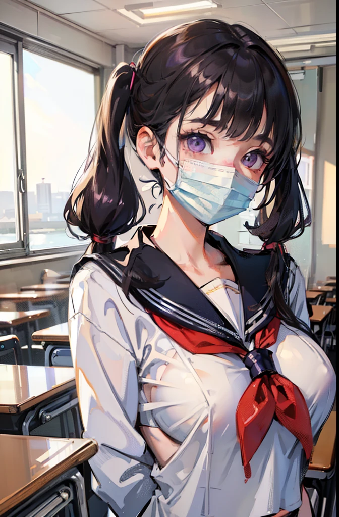 (masterpiece, best quality), one girl in a classroom, solo, purple eyes, wearing sailor uniform, ((big boobs, firm breasts)), shiny clothes, ((face mask)), black hair, twintails, short twintails, half body pose