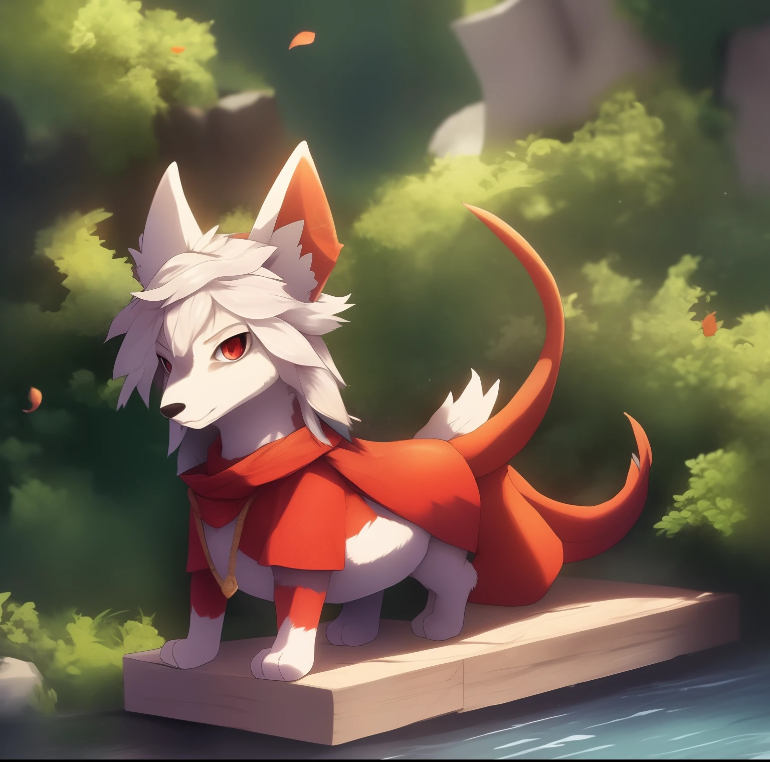 A  wolf dragon stood by the river and watched the falling petals