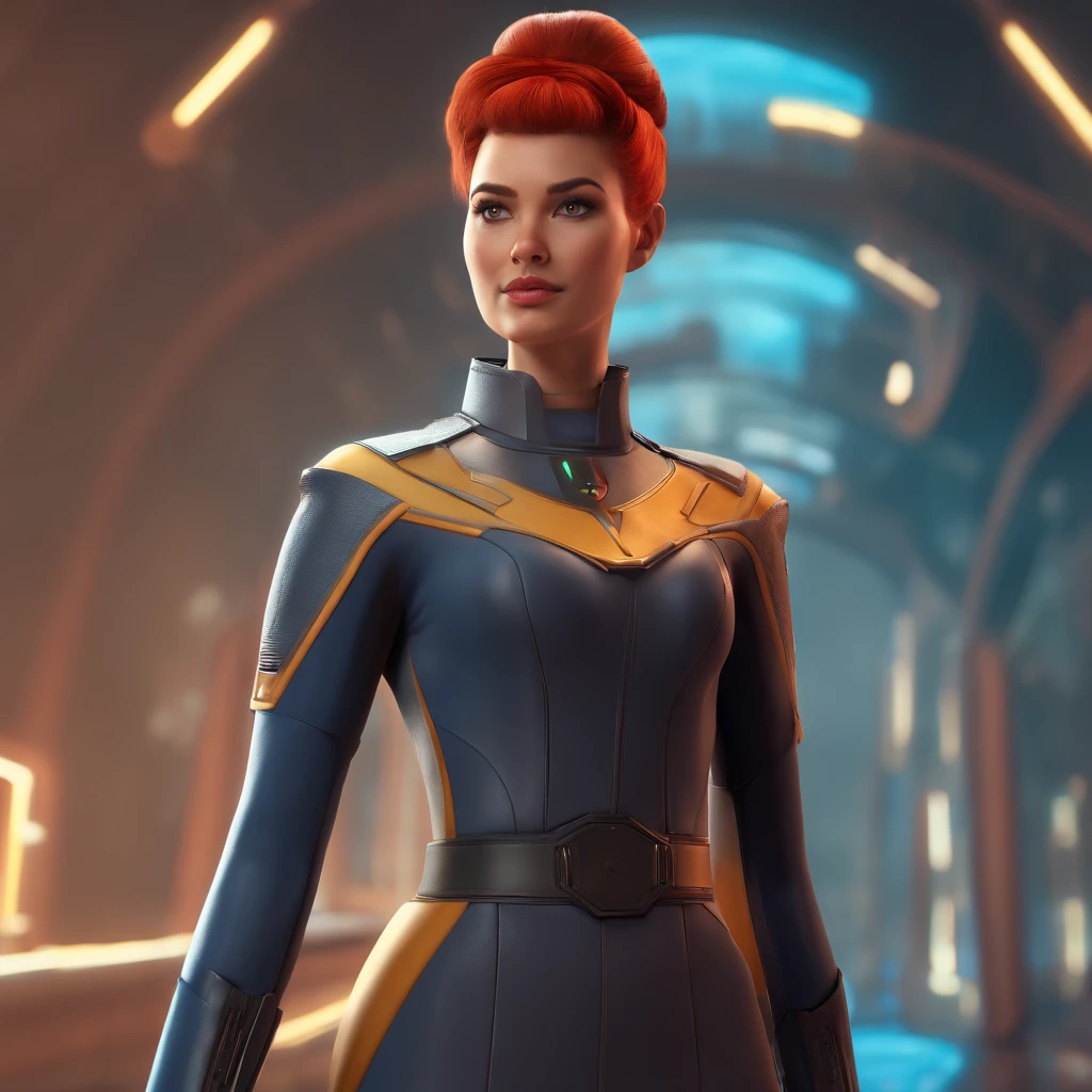 Animated portrait of a female character with striking red hair styled into a tall, elegant bun. She has fair skin, arched eyebrows, green eyes, and red lips that express a confident and playful demeanor. She's dressed in a short blue, form-fitting miniskirt sci-fi uniform dress reminiscent of the 'Star Trek' series. She is wearing black tights. The dress features a high collar, flared sleeves at the wrists, and a triangular badge on the left side of her chest. She poses with one hand raised in a gesture similar to the Vulcan salute. The image has a vintage sci-fi theme, blending classic and modern aesthetics.