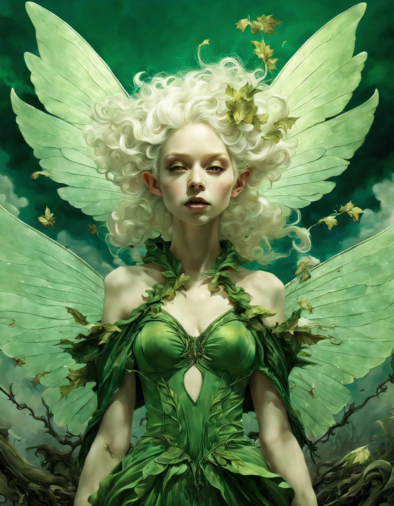 ((Halloween style)), Cinematic, photorealistic of albino ((faerie, 2 wings in her back)), vibrant colors, green outfit, fantasy, warm green tone, surreal, 8k resolution photorealistic masterpiece by Aaron Horkey and Jeremy Mann, professional photography, volumetric lighting maximalist photoillustration by marton bobzert, 8k resolution concept art intricately detailed, complex, elegant, expansive, fantastical, mythical clouds