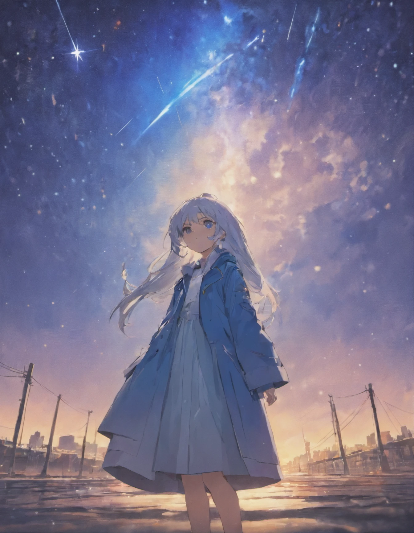 A girl standing under the stars,Surrounded by stars,Long blue and white shiny hair,A trench coat with white accents as the main tone,Eyes like stars