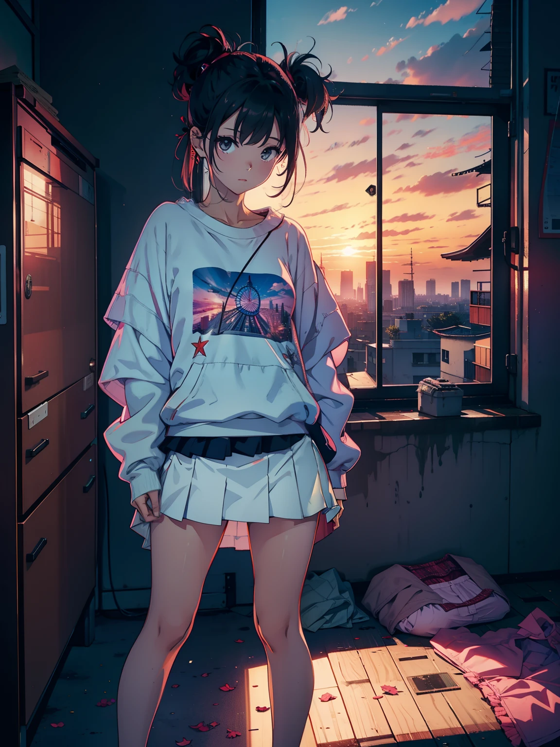 masutepiece, High quality, girl, hair tied, Colorful Highlight Hair, Big clothes, baggy clothes, Comfortable clothing, Indoors, Night, Sunset, Dark room, Distracting and messing with something,Standing　Open legs　lift　Skirt 、　( Overflowing from panties:1.5)