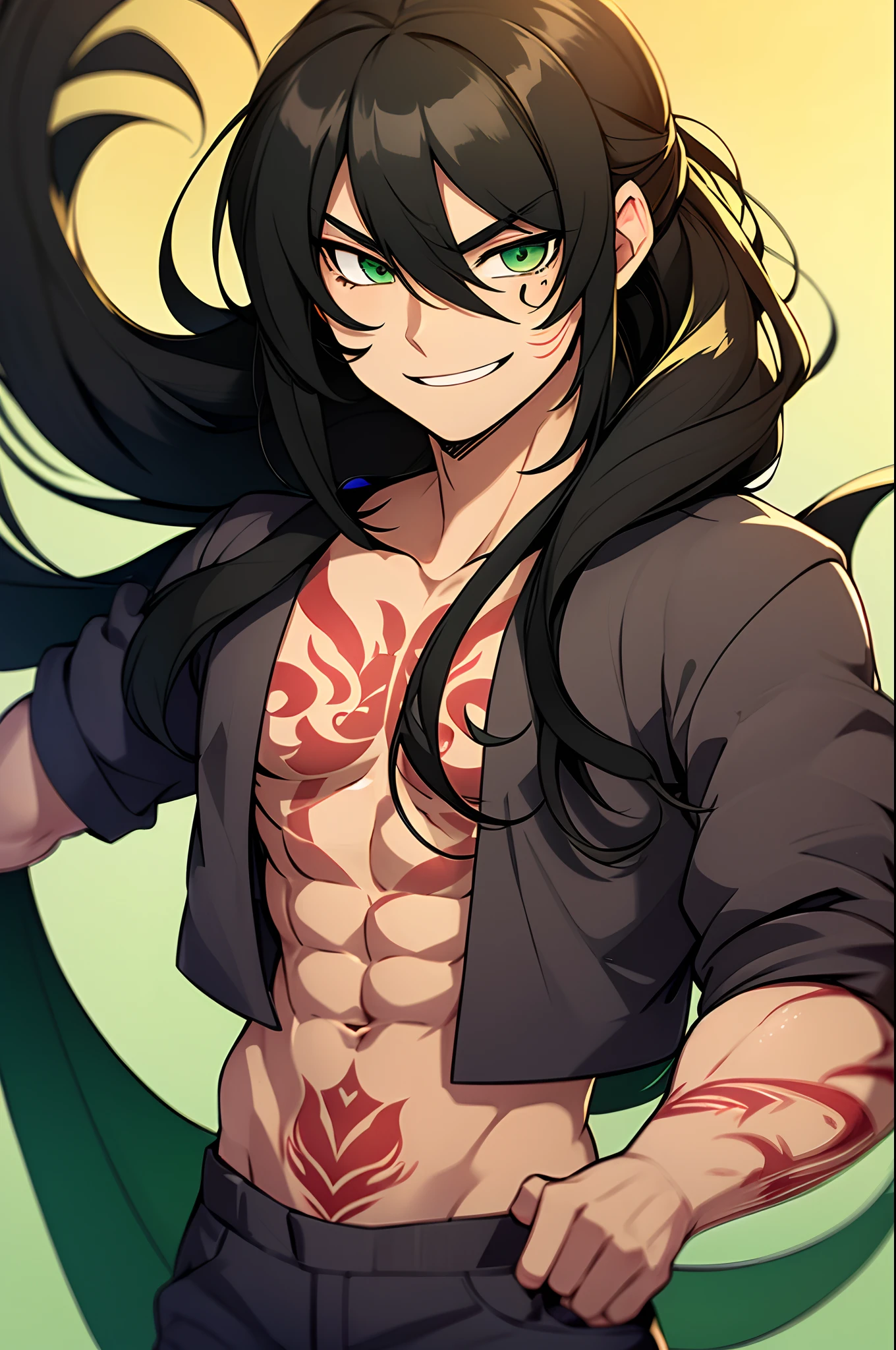 man, anime, black hair, long hair, very long hair, hair between eyes, green eyes, pupilas verdes,smile, chest tattoo, tattoo, pants, solo, male focus, looking at viewer, barechested male, muscular, qualidade de obra prrima, 4k, ultra detalhe