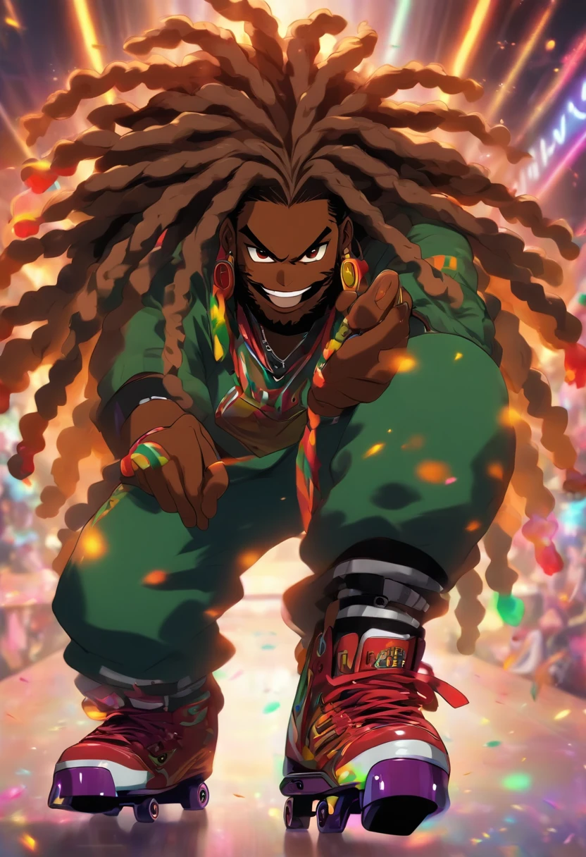 chubby black man, african man, wearing roller skates on feet, long rasta hair, dread locs, brown eyes, evil grin, wearing black, fluffy beard, bright shining eyes,