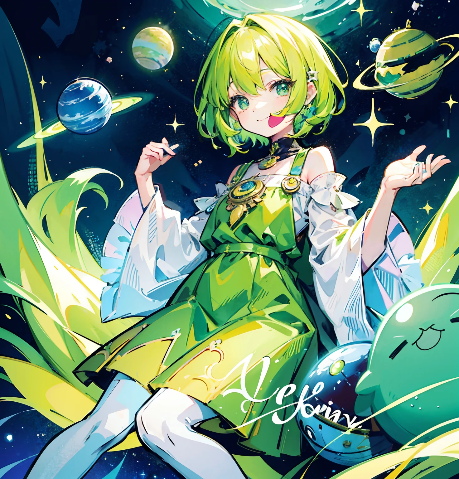 hair length is short、It has a yellow-green color、intergalactic, Locket, Planets, Star children's illustration, Cute illustration, Cute digital art, Painted in a capricious style, Children''s illustration, cute features, Illustration, Illustrations, Cozy tranquility,a smile、 cute detailed digital art
