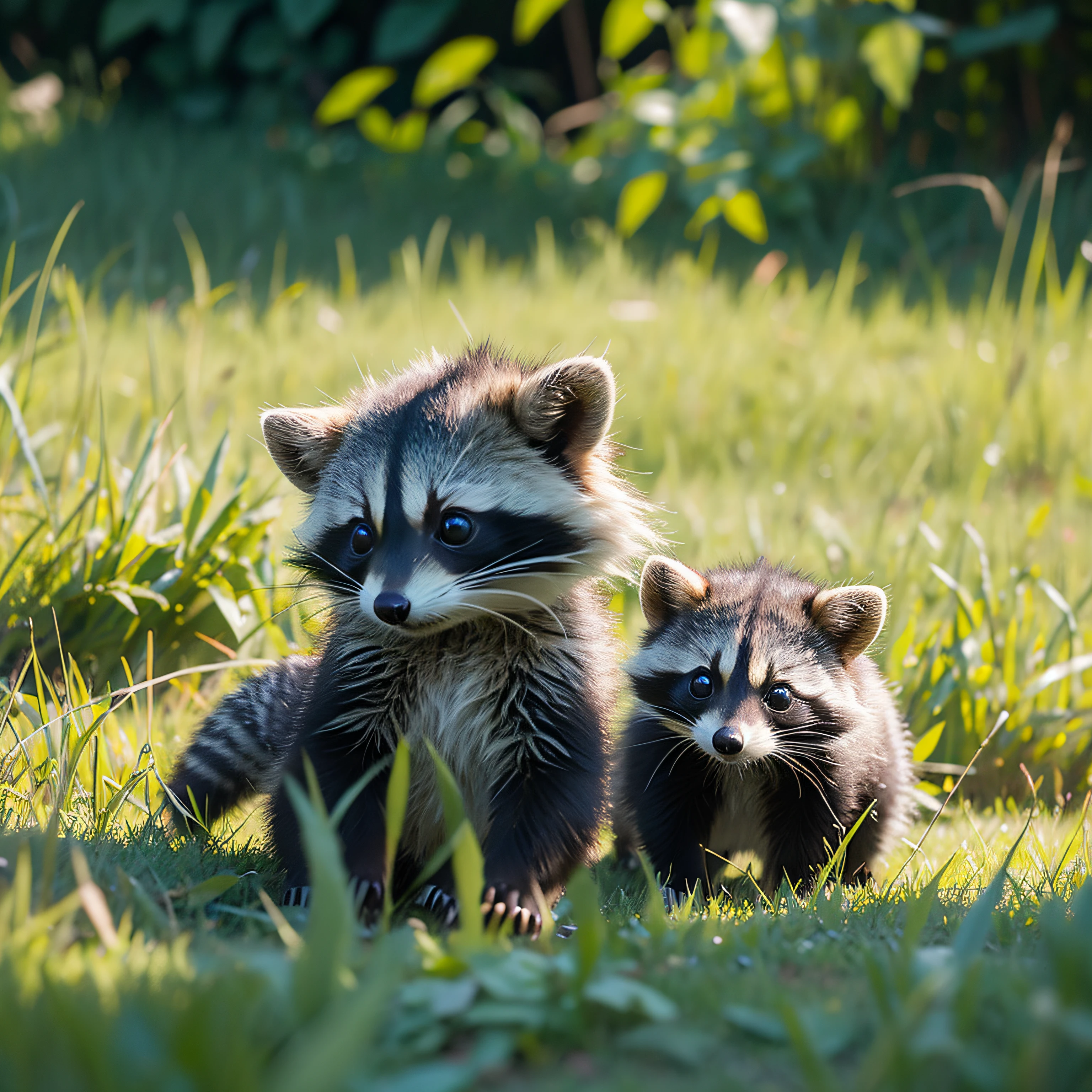 A small North American raccoon frolicking in the grass