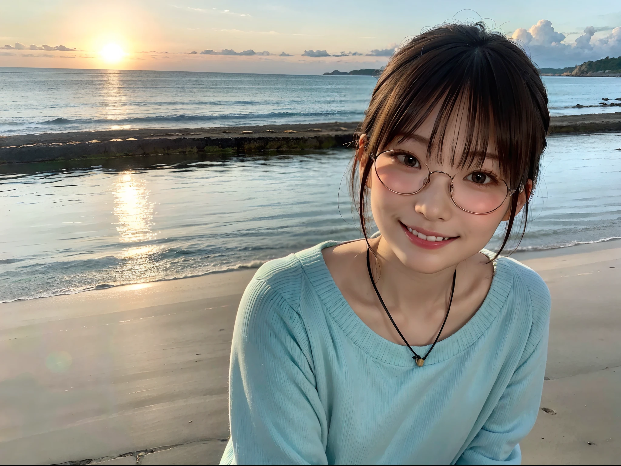 Japan girls in casual clothes、Watch your audience、Pose with a smile(top-quality、Master masterpiece)))、Standing on the beach、HD fine、ighly detailed、Master masterpiece、电影灯光、(8K、top-quality、Master masterpiece:1.2)、(Real、Photorealsitic:1.37) Hi-Res、Super Detail、1girl in 、Woman with glasses、Thin frame round glasses、Green glasses frame、Asian, cute little, Cute face, Solo, Short hair 1.2, Textured skin, Beautiful smile, Beautiful detailed evening sky, Sunset, 电影灯光, depth of fields, Lens flare light、Dating、(blush nose)、(Smiling face:1.15)、(Mouth closed)tiny chest、Beautiful eye for detail、(Sweaters:1.1)、evening、(Short hair:1.2)、Floating hair Nova frog style、the beach, (Horizon, Beautiful sea, skyporn, Sunset:1.2),