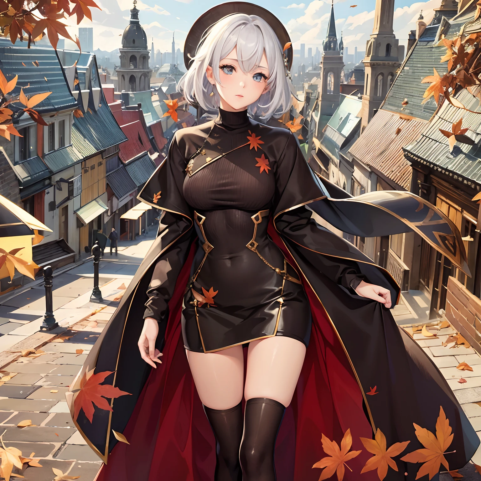 masterpiece、top-quality、hight resolution、High-quality images、8K.1womanl、skin gloss、Texture of skin and clothing、colourfull、detaileds、Detailed eye expression、Lustrous hair、full body Esbian、Platinum Bront Shorthair、Dark brown sweater、Long coat、A city with towers、leaves falling