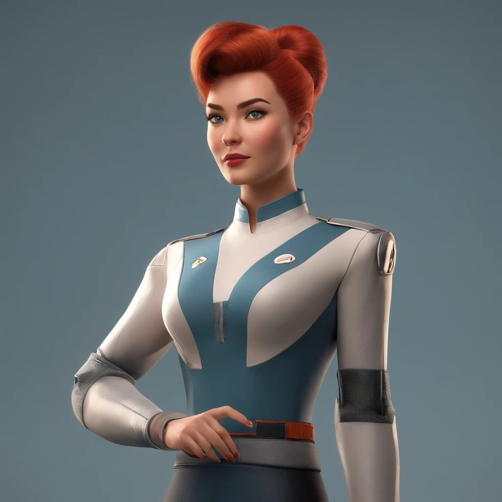 Animated portrait of a female character with striking red hair styled into a tall, elegant bun. She has fair skin, arched eyebrows, green eyes, and red lips that express a confident and playful demeanor. She's dressed in a short blue, form-fitting miniskirt sci-fi uniform dress reminiscent of the 'Star Trek' series. She is wearing black tights. The dress features a high collar, flared sleeves at the wrists, and a triangular badge on the left side of her chest. She poses with one hand raised in a gesture similar to the Vulcan salute. The image has a vintage sci-fi theme, blending classic and modern aesthetics.