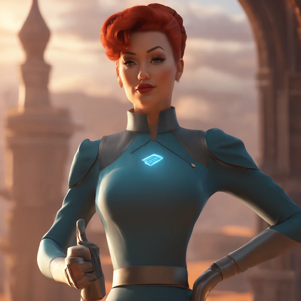 Animated portrait of a female character with striking red hair styled into a tall, elegant bun. She has fair skin, arched eyebrows, green eyes, and red lips that express a confident and playful demeanor. She's dressed in a short blue, form-fitting miniskirt sci-fi uniform dress reminiscent of the 'Star Trek' series. She is wearing black tights. The dress features a high collar, flared sleeves at the wrists, and a triangular badge on the left side of her chest. She poses with one hand raised in a gesture similar to the Vulcan salute. The image has a vintage sci-fi theme, blending classic and modern aesthetics.