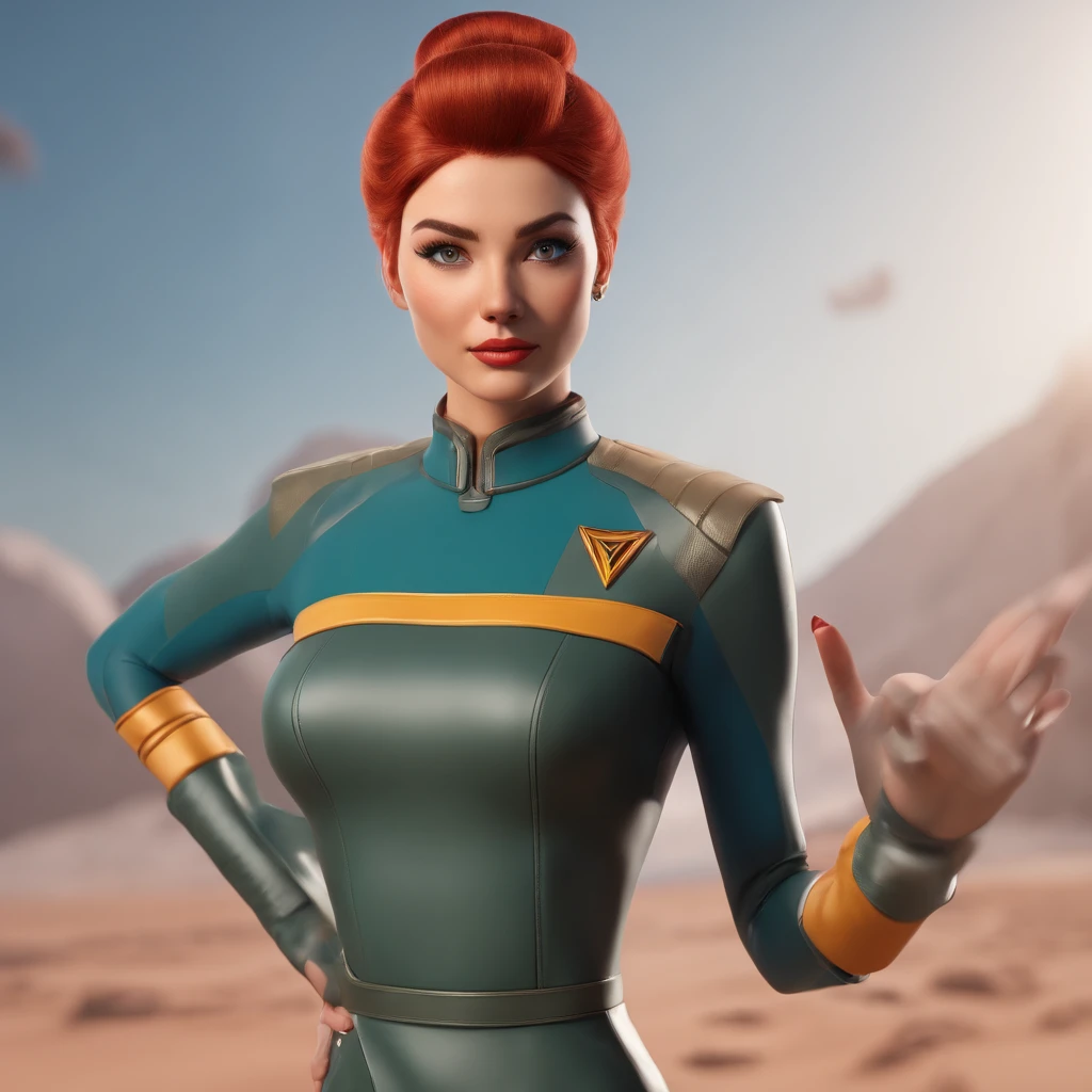 Animated portrait of a female character with striking red hair styled into a tall, elegant bun. She has fair skin, arched eyebrows, green eyes, and red lips that express a confident and playful demeanor. She's dressed in a short blue, form-fitting miniskirt sci-fi uniform dress reminiscent of the 'Star Trek' series. She is wearing black tights. The dress features a high collar, flared sleeves at the wrists, and a triangular badge on the left side of her chest. She poses with one hand raised in a gesture similar to the Vulcan salute. The image has a vintage sci-fi theme, blending classic and modern aesthetics.