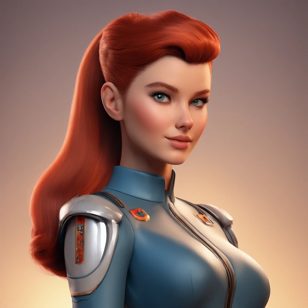 Animated portrait of a female character with striking red hair styled into a tall, elegant bun. She has fair skin, arched eyebrows, green eyes, and red lips that express a confident and playful demeanor. She's dressed in a short blue, form-fitting miniskirt sci-fi uniform dress reminiscent of the 'Star Trek' series. She is wearing black tights. The dress features a high collar, flared sleeves at the wrists, and a triangular badge on the left side of her chest. She poses with one hand raised in a gesture similar to the Vulcan salute. The image has a vintage sci-fi theme, blending classic and modern aesthetics.