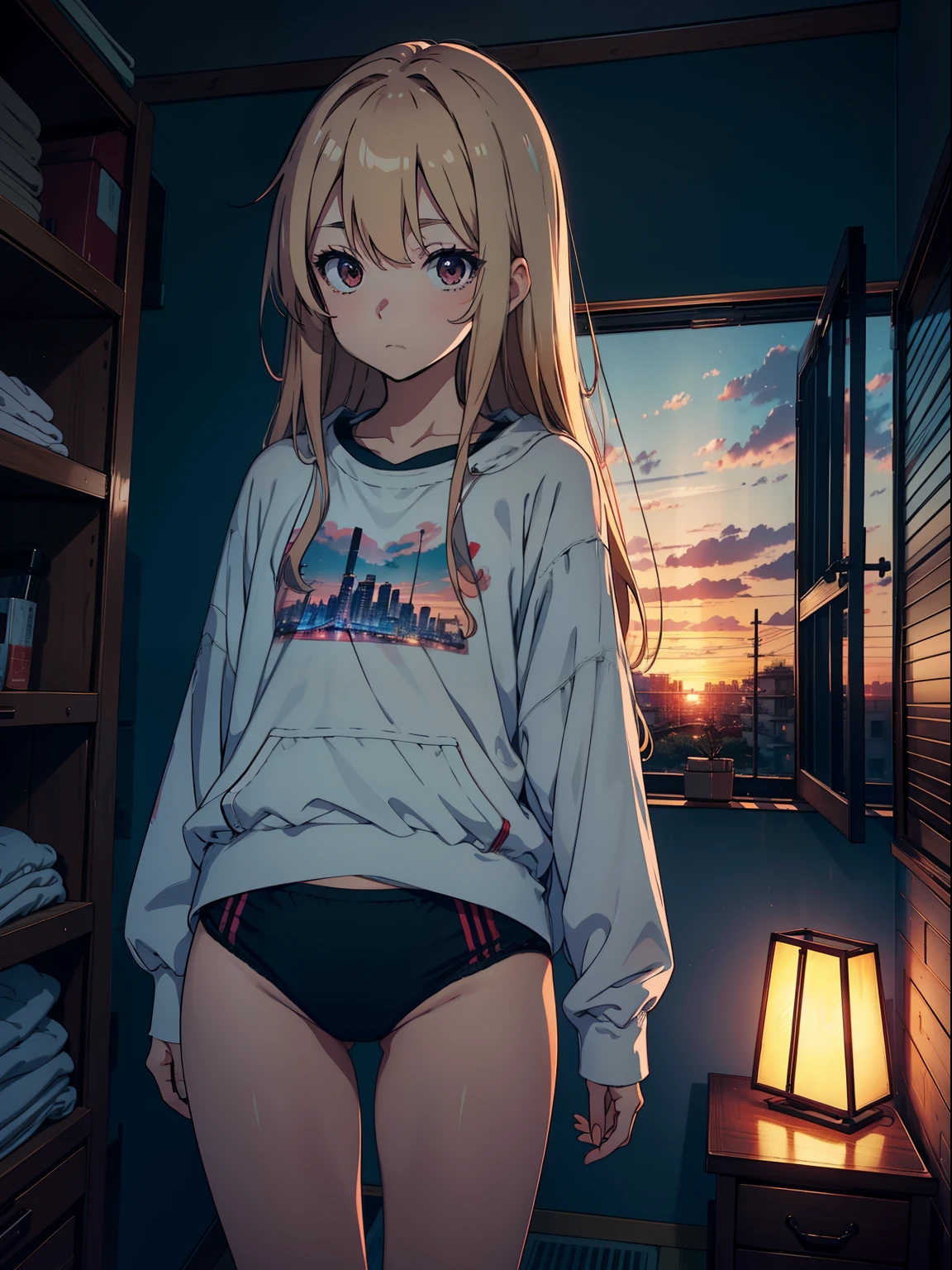 masutepiece, High quality, girl, highlights hair, Big clothes, Underwear with a small area, Comfortable clothing, Indoors, Night, Sunset, Dark room, Distracting and messing with something,