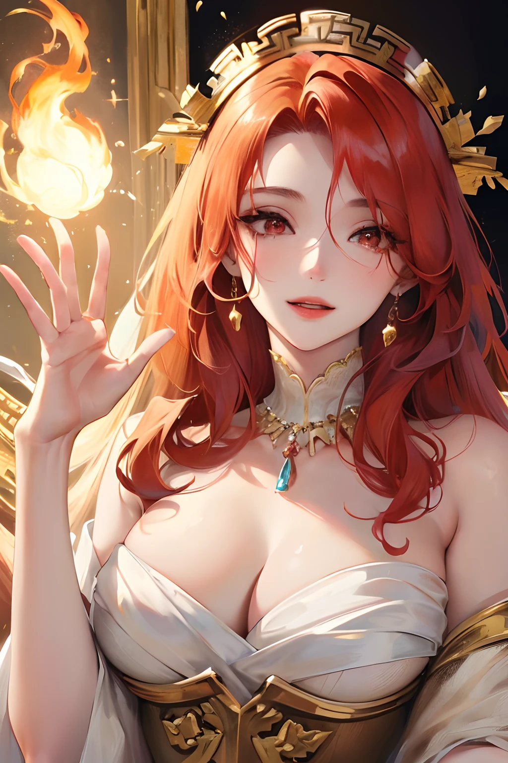 Official Art, master piece, sharp focus, (goddess, beautiful Greek woman, mature, perfect:1.3), (very beautiful:1.3) beauty, Delicate and beautiful hair, eyes and face, realistic, ultra detailed, beautiful girl, particle bright white, (side lighting:1.2), slender, lovely, modest busts(Above average), Massive:1.2) and modest hips(Above average), smiling, ((smile with eyes, open both eyes)) , Posing, Only, upper body, Mount Olympus, Greek pantheon, Backstory, Flames, singed, Long red hair (Orange tone), straight, Facial expression, embarrassed, motherly, modest, Happy, dynamic hair, red eyes (Fire color), bright, (dress, conservative, Long, without exposing too much skin, White, gold details), ((camel)), pale skin, hair ornament