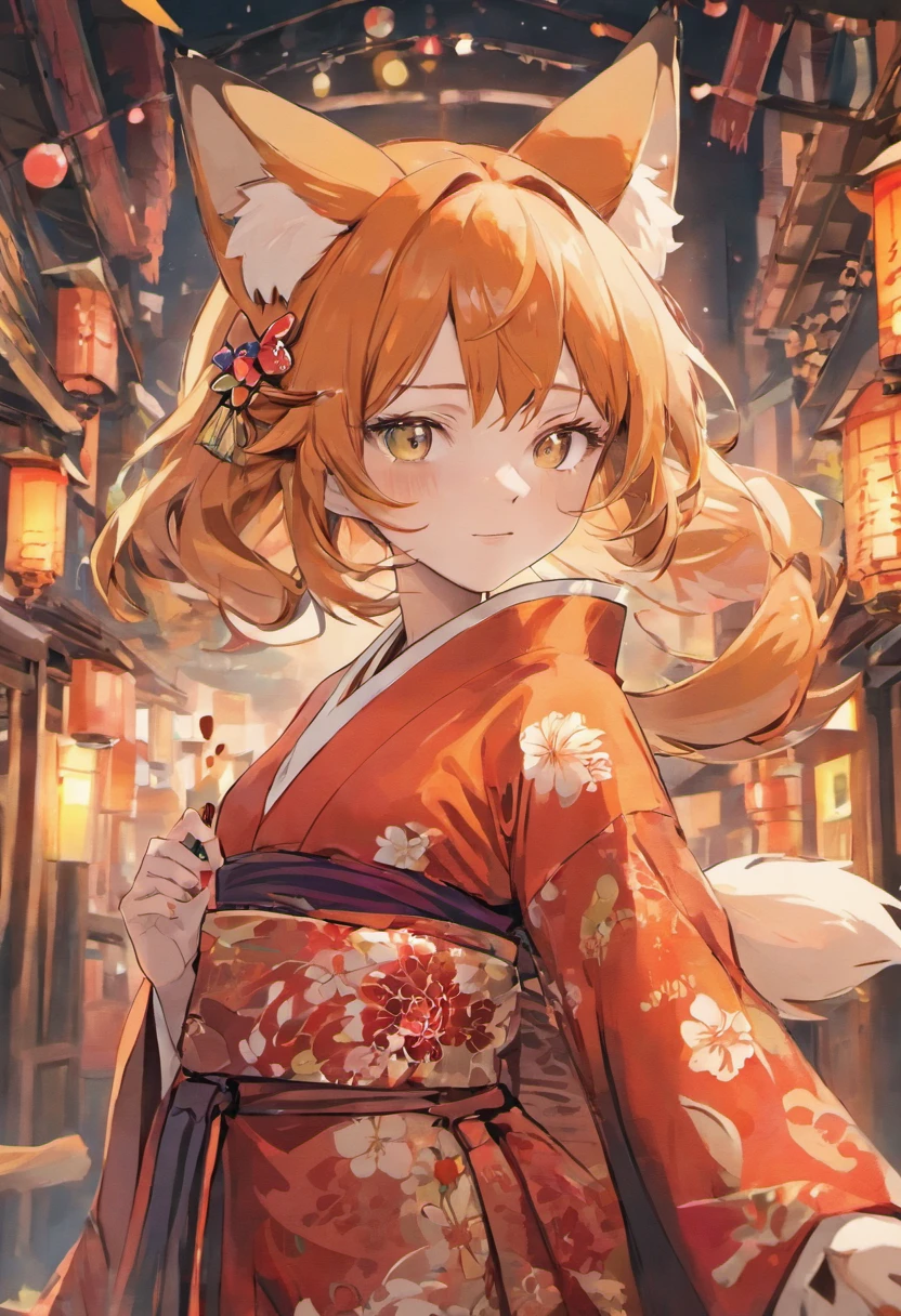 Fox girl in an elaborate kimono and a soft smile