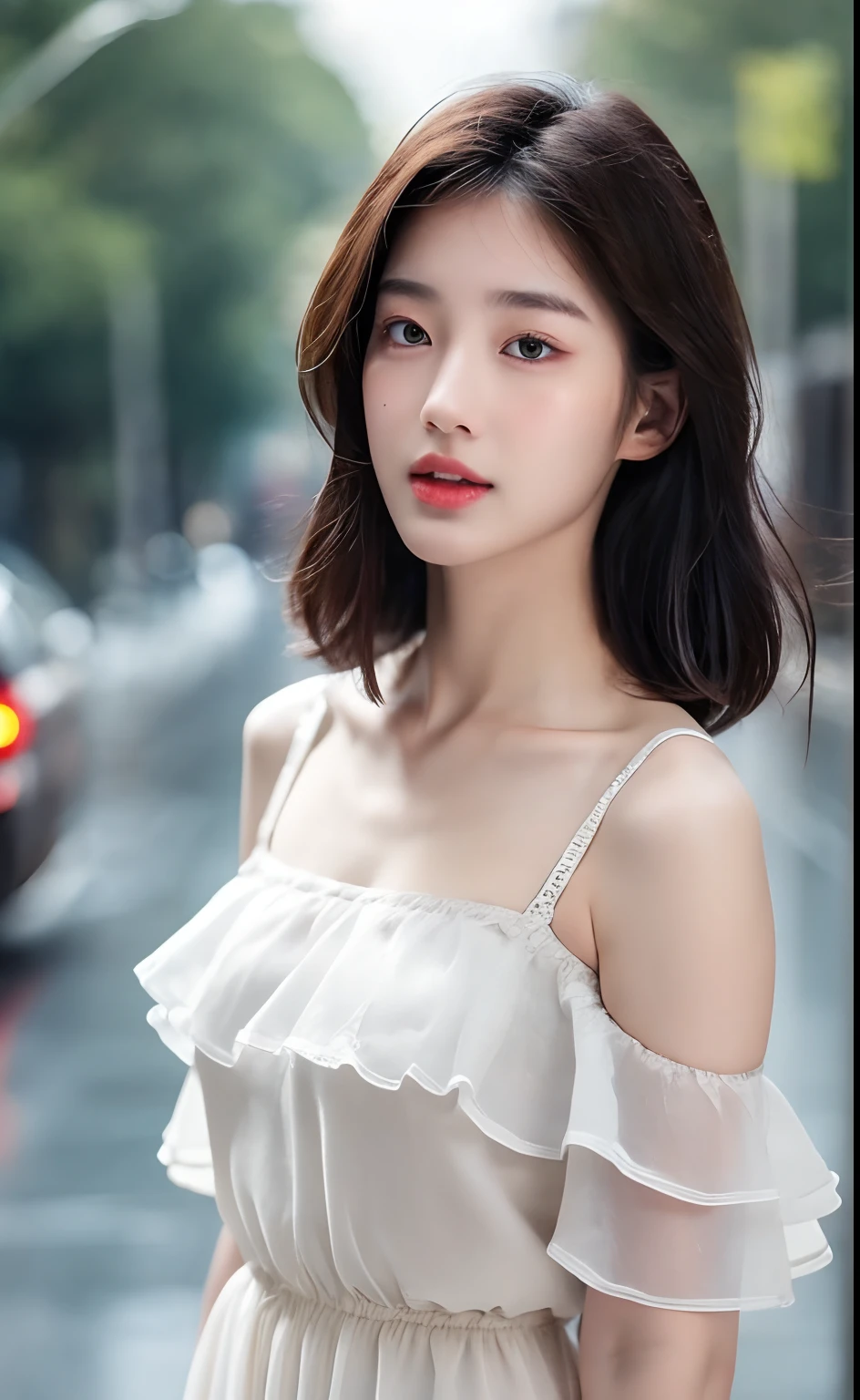 ((Best Quality, 8k, Masterpiece: 1.3)), Focus: 1.2, Perfect Body Beauty: 1.4, Buttocks: 1.2, ((Layered Haircut)), (Wet Clothes: 1.1) , (Rain, Street:1.3), Tulle Fabric, Slip Dress, (White Dress: 1.2), Slouchy Style, Highly Detailed Face and Skin Texture, Delicate Eyes, Double Eyelids, Whitened Skin, Long Hair, (Shut Up: 1.5), Bare Shoulders