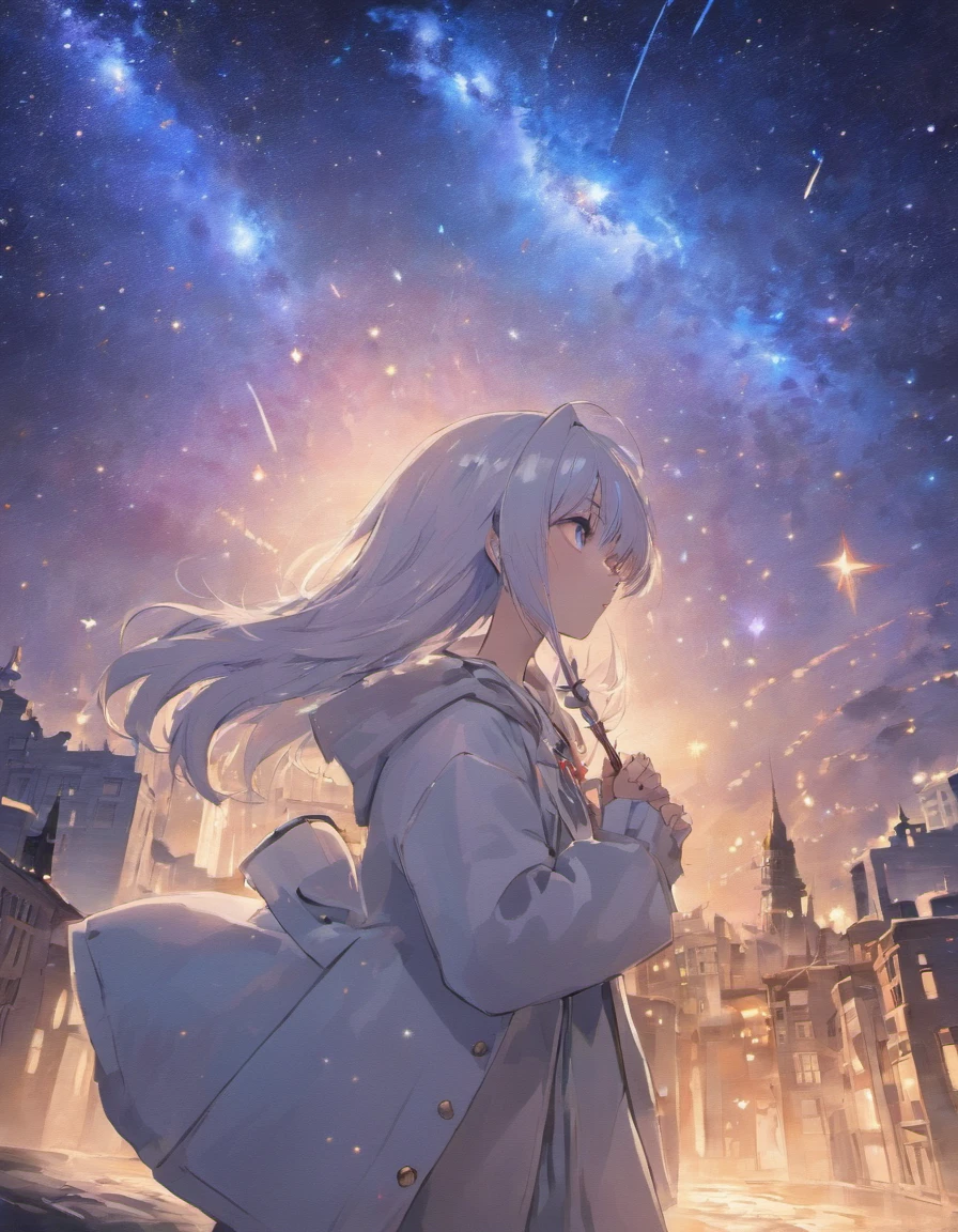 Girl standing under the stars，Slightly taller，Surrounded by stars，Long blue and white shiny hair，Holding a mysterious book in his hand，A trench coat in white as the main color，Eyes like stars