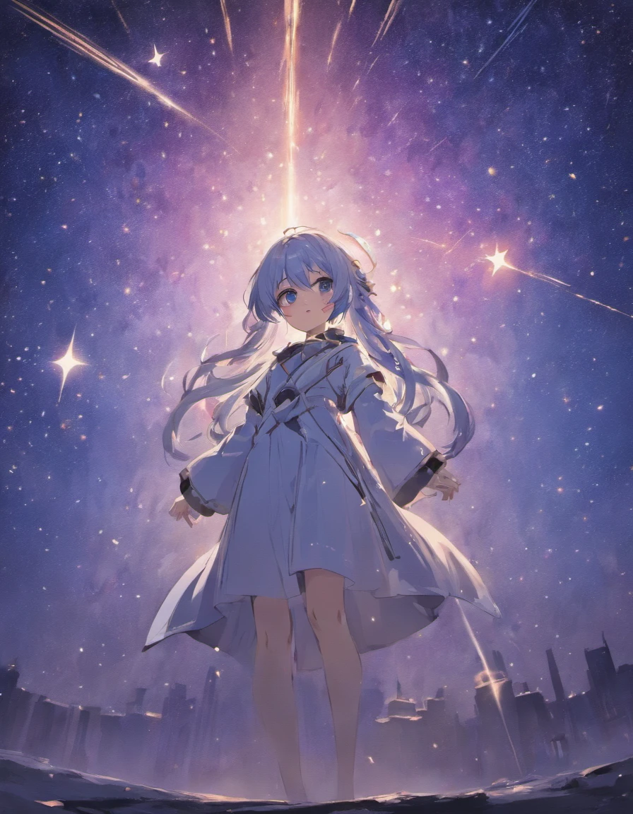 Girl standing under the stars,Slightly taller,Surrounded by stars,Long blue and white shiny hair,Holding a mysterious book in his hand,A trench coat in white as the main color,Eyes like stars