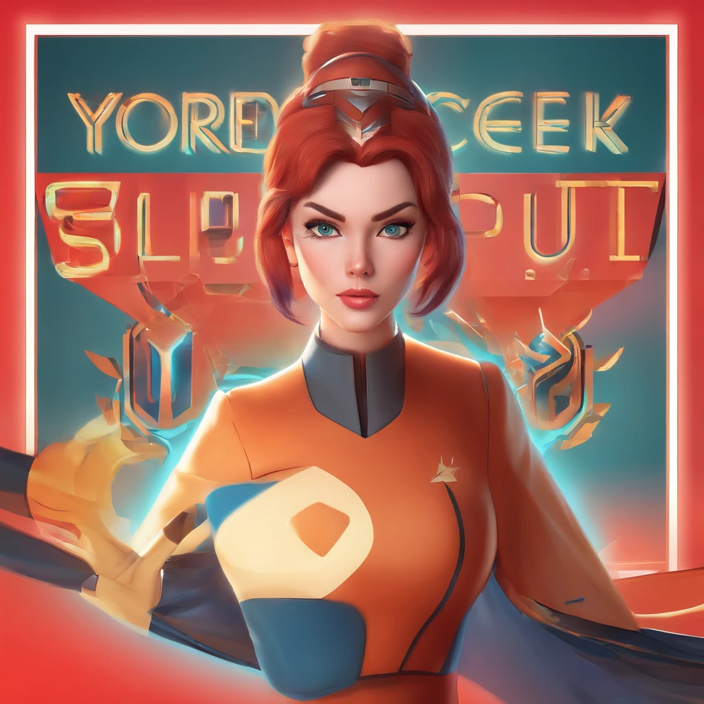 Animated portrait of a female character with striking red hair styled into a tall, elegant bun. She has fair skin, arched eyebrows, green eyes, and red lips that express a confident and playful demeanor. She's dressed in a short blue, form-fitting miniskirt sci-fi uniform dress reminiscent of the 'Star Trek' series. She is wearing black tights. The dress features a high collar, flared sleeves at the wrists, and a triangular badge on the left side of her chest. She poses with one hand raised in a gesture similar to the Vulcan salute. The image has a vintage sci-fi theme, blending classic and modern aesthetics.