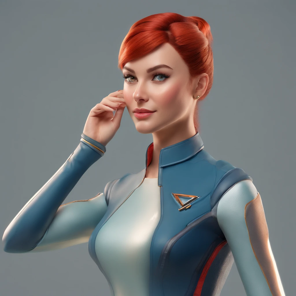 Animated portrait of a female character with striking red hair styled into a tall, elegant bun. She has fair skin, arched eyebrows, green eyes, and red lips that express a confident and playful demeanor. She's dressed in a short blue, form-fitting miniskirt sci-fi uniform dress reminiscent of the 'Star Trek' series. She is wearing black tights. The dress features a high collar, flared sleeves at the wrists, and a triangular badge on the left side of her chest. She poses with one hand raised in a gesture similar to the Vulcan salute. The image has a vintage sci-fi theme, blending classic and modern aesthetics.