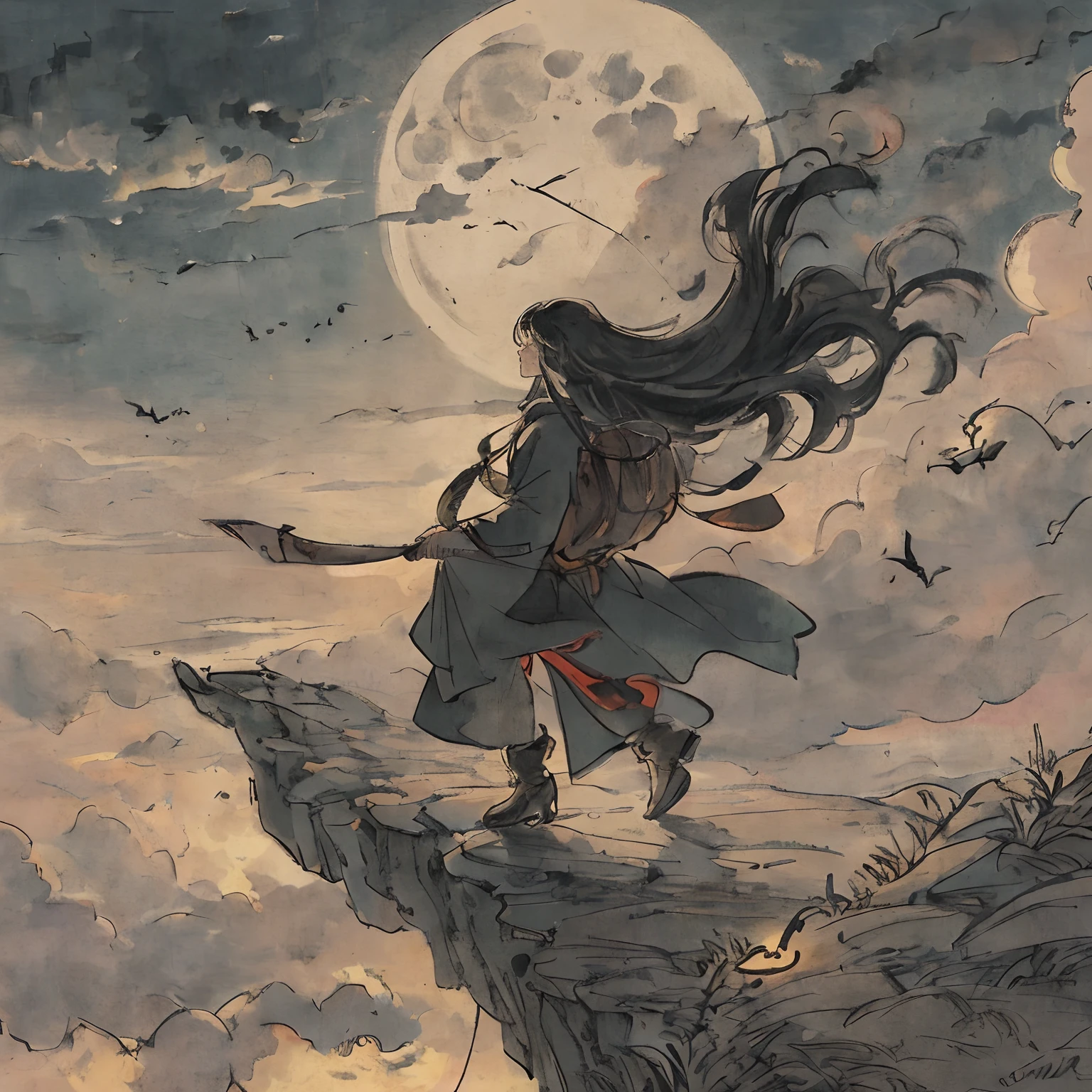 Masterpiece, best quality, night, hills, clouds, full moon, long hair, woman, silhouette, firefly.