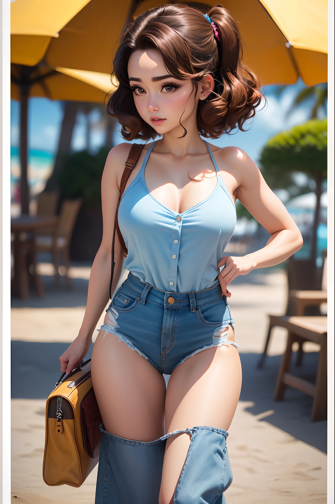 Criar imagem 3d estilo Disney Pixar mulher loira cabelo comprido em cosplay mulher maravilha numa paisagem de praia