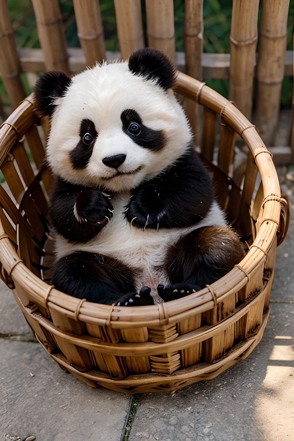 cute small panda lying in a bamboo basket