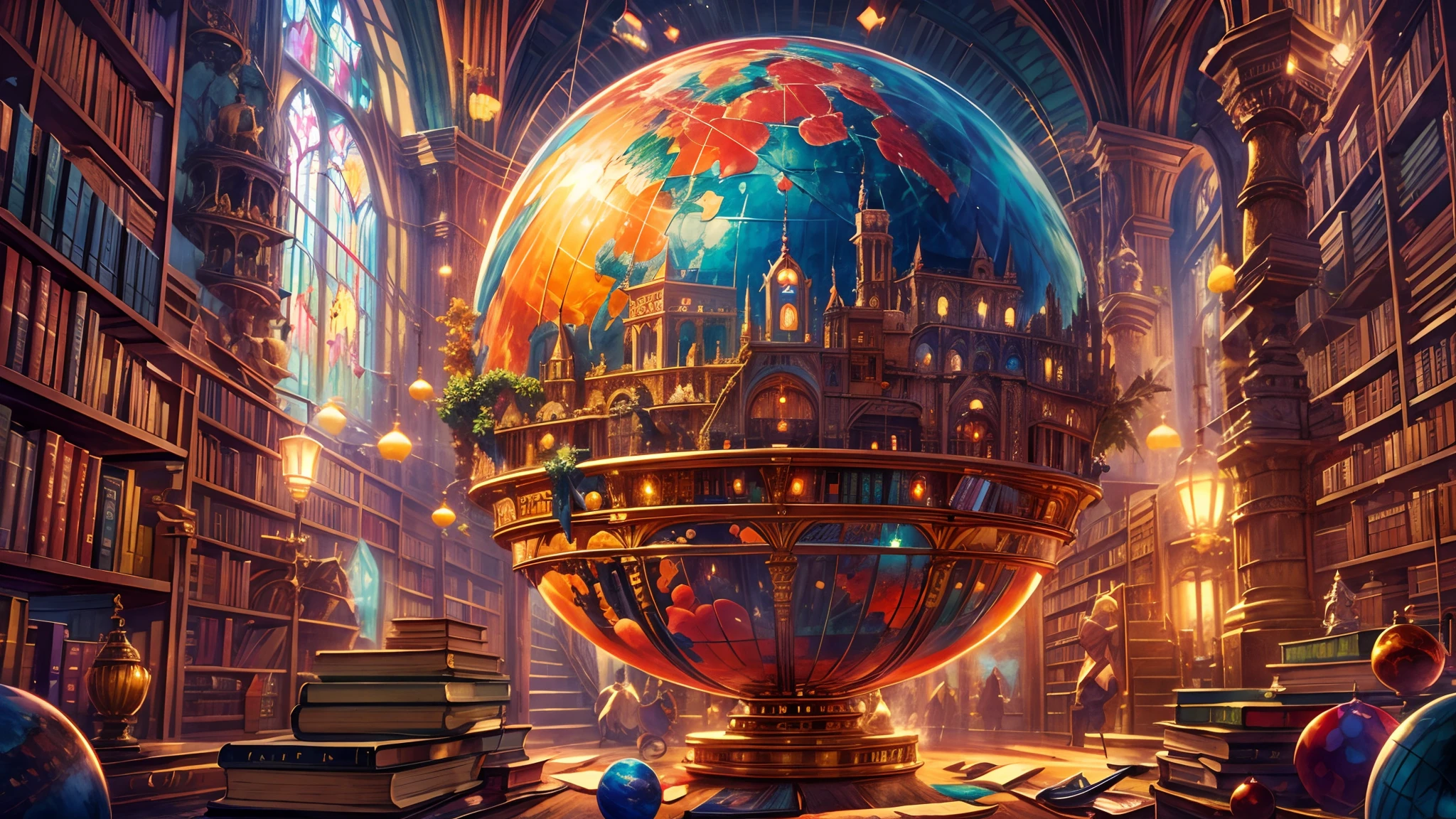 masterpiece, concept art, wide shot, magical library, Globe sphere in the middle, books flying around, magic students around, fantasy theme, surrealism, high fantasy, multicolored magical array, (epic composition, epic proportion), volumetric lighting, panoramic, vibrant color, HD