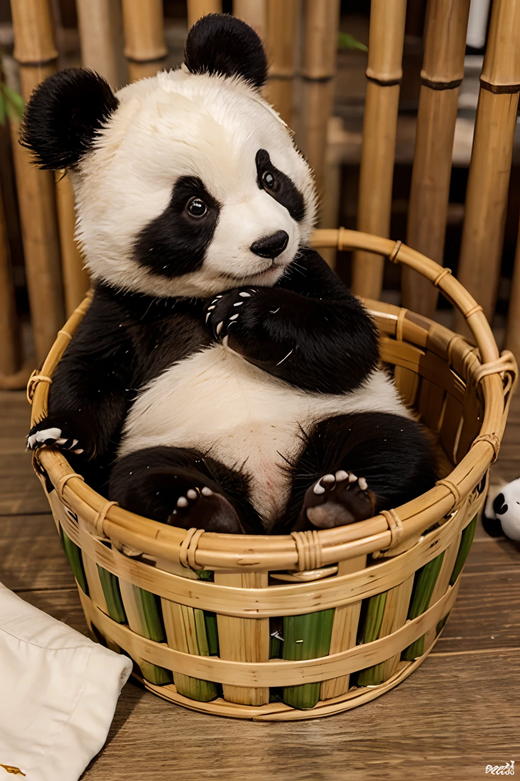 real cute small panda lying in a bamboo basket
