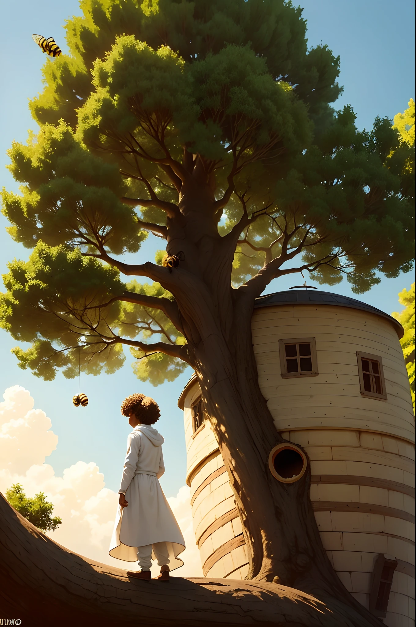 a disney cartoon anime style best quality silhouette preteen boy with a small afro climbing a big tree on the golden farm wearing a white thobe and (((looking at a beehive on tree))) head turned away curious in sunlight