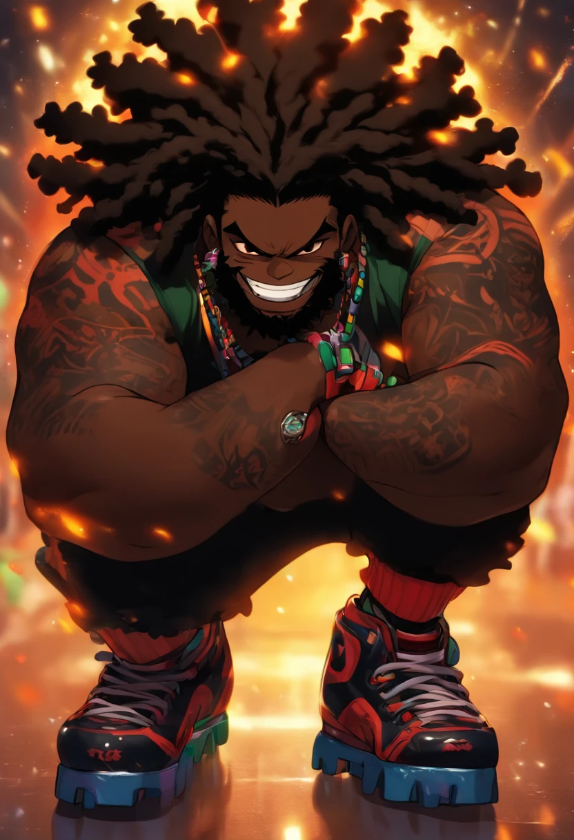 chubby black man, black man, wearing roller skates on feet, dark black Rasta hair, medium length dread locs, brown eyes, evil grin, wearing black, fluffy beard, brown shining eyes, very dark black skin, fat man, black tattoos on arms