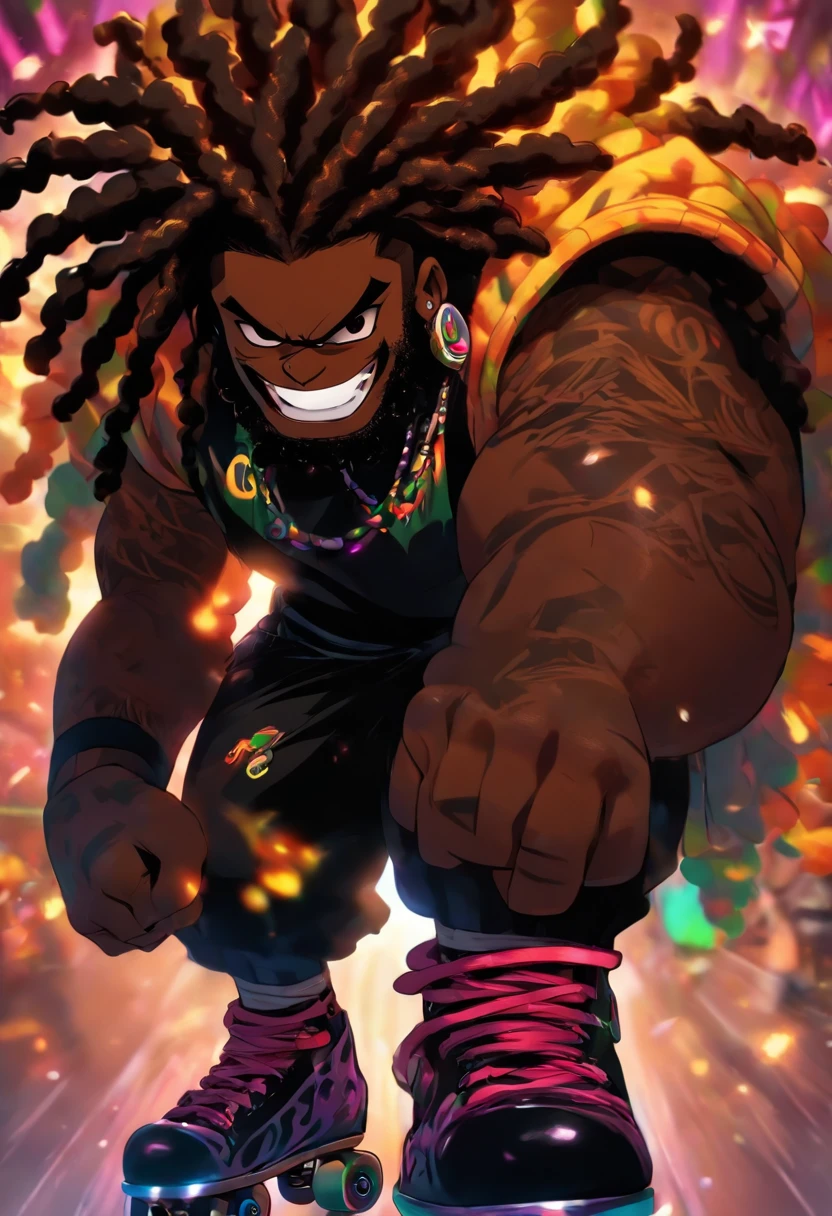 chubby black man, black man, wearing roller skates on feet, dark black Rasta hair, medium length dread locs, brown eyes, evil grin, wearing black, fluffy beard, brown shining eyes, very dark black skin, fat man, black tattoos on arms
