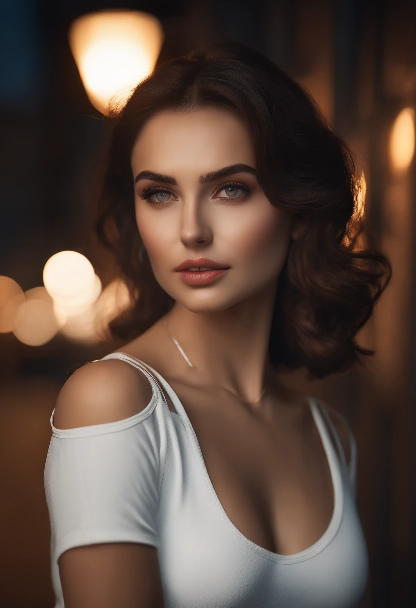 Night, RAW Photography, (((Very Beautiful Portrait))), (Very Beautiful Portrait))), 1 Girl, Sexy 25 Year Old Girl, ((Natural Brown Hair with Short Cuts)), [Brown Eyes],Gentle Smile Staring at the Camera(cleavage), ((Masterpiece, Best Quality, Ultra Detail, Cinematic Lights, Intricate Detail, High Definition, 8k, Very Detailed)), Detail Background, 8k UHD, DSLR, soft lighting, high quality, film grain, fujifilm XT3, shallow depth of field, natural light, perfect face