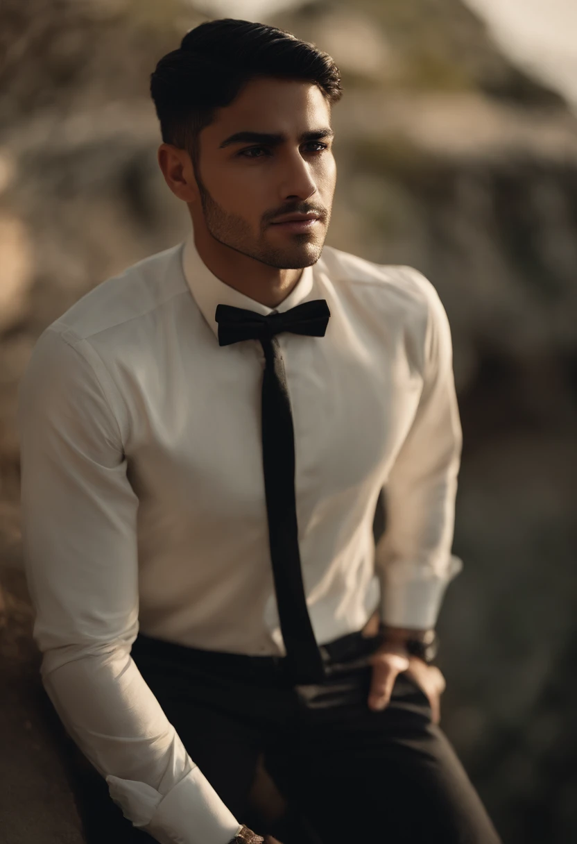 30 year old boy, slim, short stature, small body, medium athletic body, short black hair, black eyes, double eyelids, oval face, narrow chin, short neck, Arab boy, Latin boy, dark skin, heavy lower lips, eyes almond-shaped, average eye angle, wide and short nose, slightly turned-up nose, little volume cheeks, perfect straight eyebrows, small eyebrows, enigmatic look, small beard, smooth dark long-sleeved shirt, black bow tie, long black pants, transparent bottom,