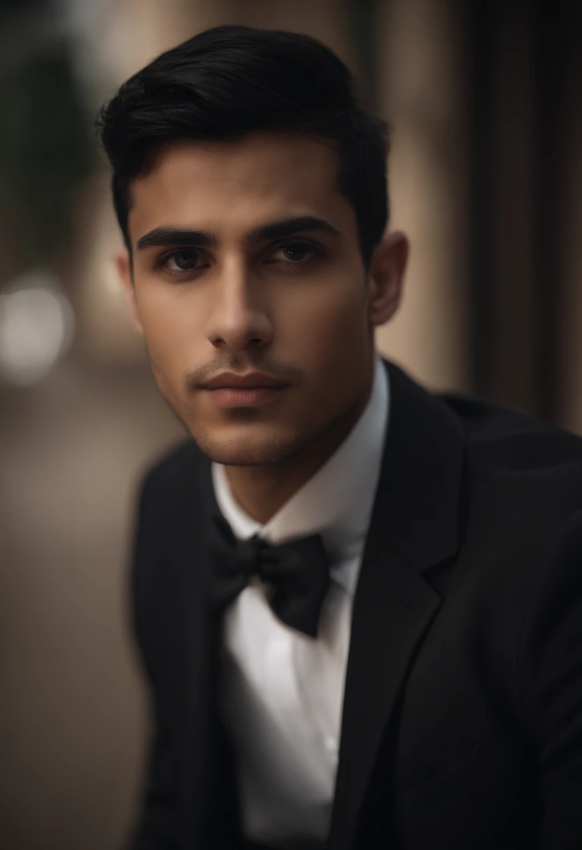 30 year old boy, slim, short stature, small body, medium athletic body, short black hair, black eyes, double eyelids, oval face, narrow chin, short neck, Arab boy, Latin boy, dark skin, heavy lower lips, eyes almond-shaped, average eye angle, wide and short nose, slightly turned-up nose, little volume cheeks, perfect straight eyebrows, small eyebrows, enigmatic look, small beard, smooth dark long-sleeved shirt, black bow tie, long black pants, transparent bottom,