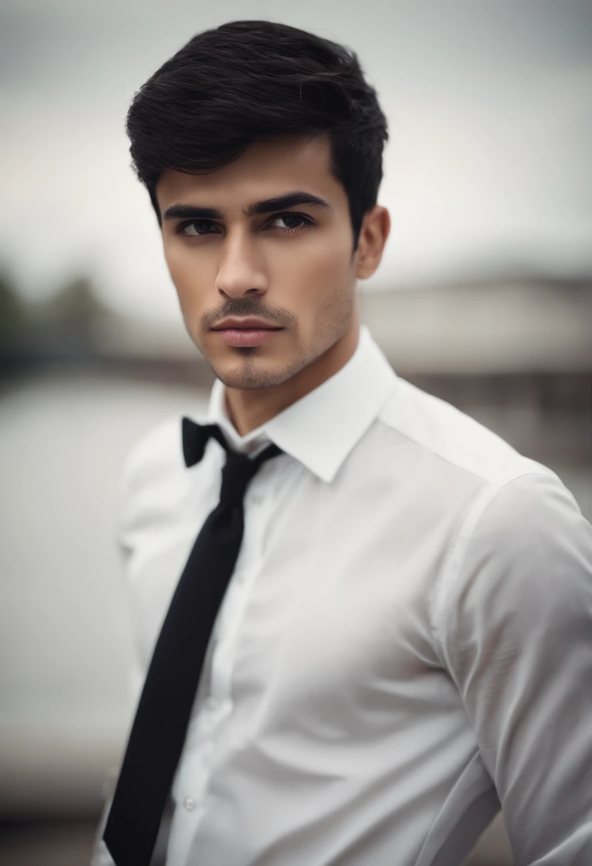 30 year old boy, slim, short stature, small body, medium athletic body, short black hair, black eyes, double eyelids, oval face, narrow chin, short neck, Arab boy, Latin boy, dark skin, heavy lower lips, eyes almond-shaped, average eye angle, wide and short nose, slightly turned-up nose, little volume cheeks, perfect straight eyebrows, small eyebrows, enigmatic look, small beard, smooth dark long-sleeved shirt, black bow tie, long black pants, transparent bottom,