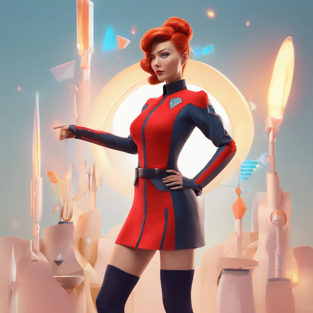 Animated portrait of a female character with striking red hair styled into a tall, elegant bun. She has fair skin, arched eyebrows, green eyes, and red lips that express a confident and playful demeanor. She's dressed in a short blue, form-fitting miniskirt sci-fi uniform dress reminiscent of the 'Star Trek' series. She is wearing black tights. The dress features a high collar, flared sleeves at the wrists, and a triangular badge on the left side of her chest. She poses with one hand raised in a gesture similar to the Vulcan salute. The image has a vintage sci-fi theme, blending classic and modern aesthetics.