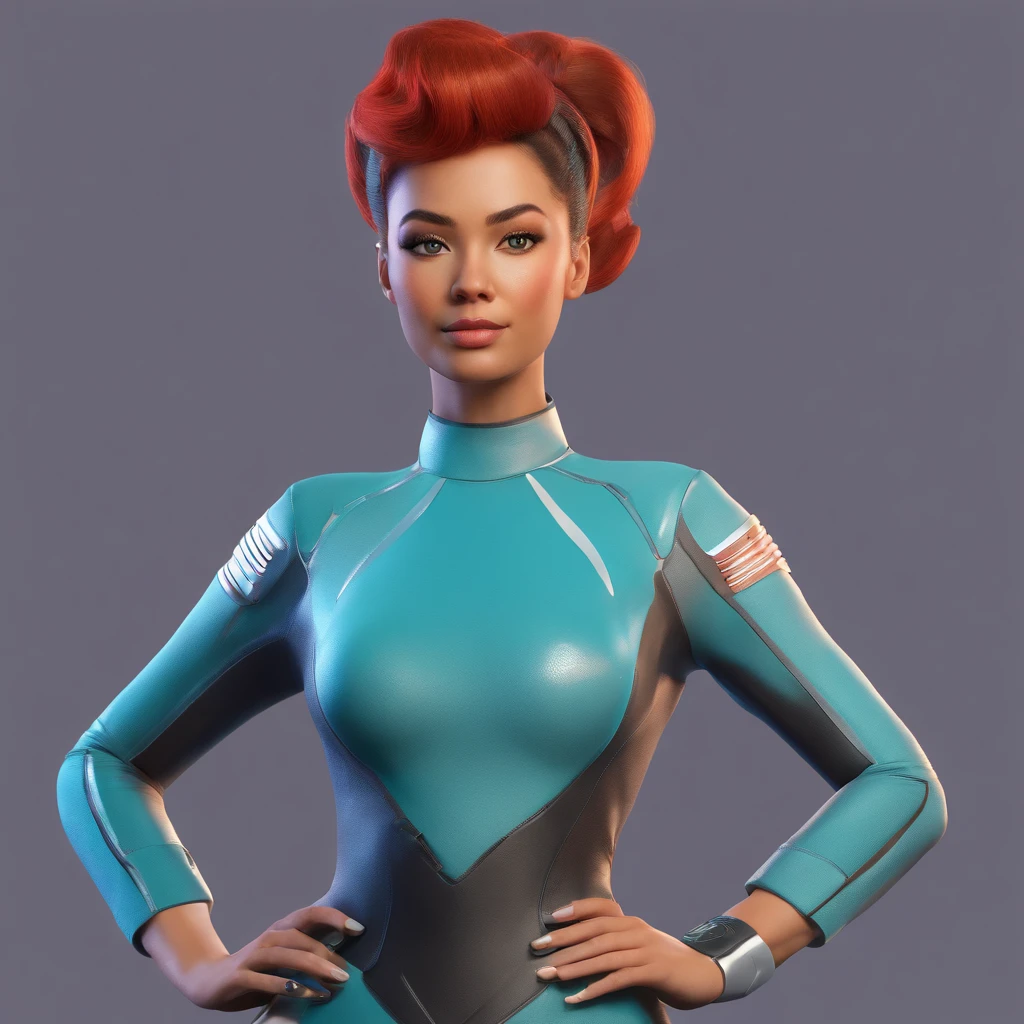 Animated portrait of a female character with striking red hair styled into a tall, elegant bun. She has fair skin, arched eyebrows, green eyes, and red lips that express a confident and playful demeanor. She's dressed in a short blue, form-fitting miniskirt sci-fi uniform dress reminiscent of the 'Star Trek' series. She is wearing black tights. The dress features a high collar, flared sleeves at the wrists, and a triangular badge on the left side of her chest. She poses with one hand raised in a gesture similar to the Vulcan salute. The image has a vintage sci-fi theme, blending classic and modern aesthetics.