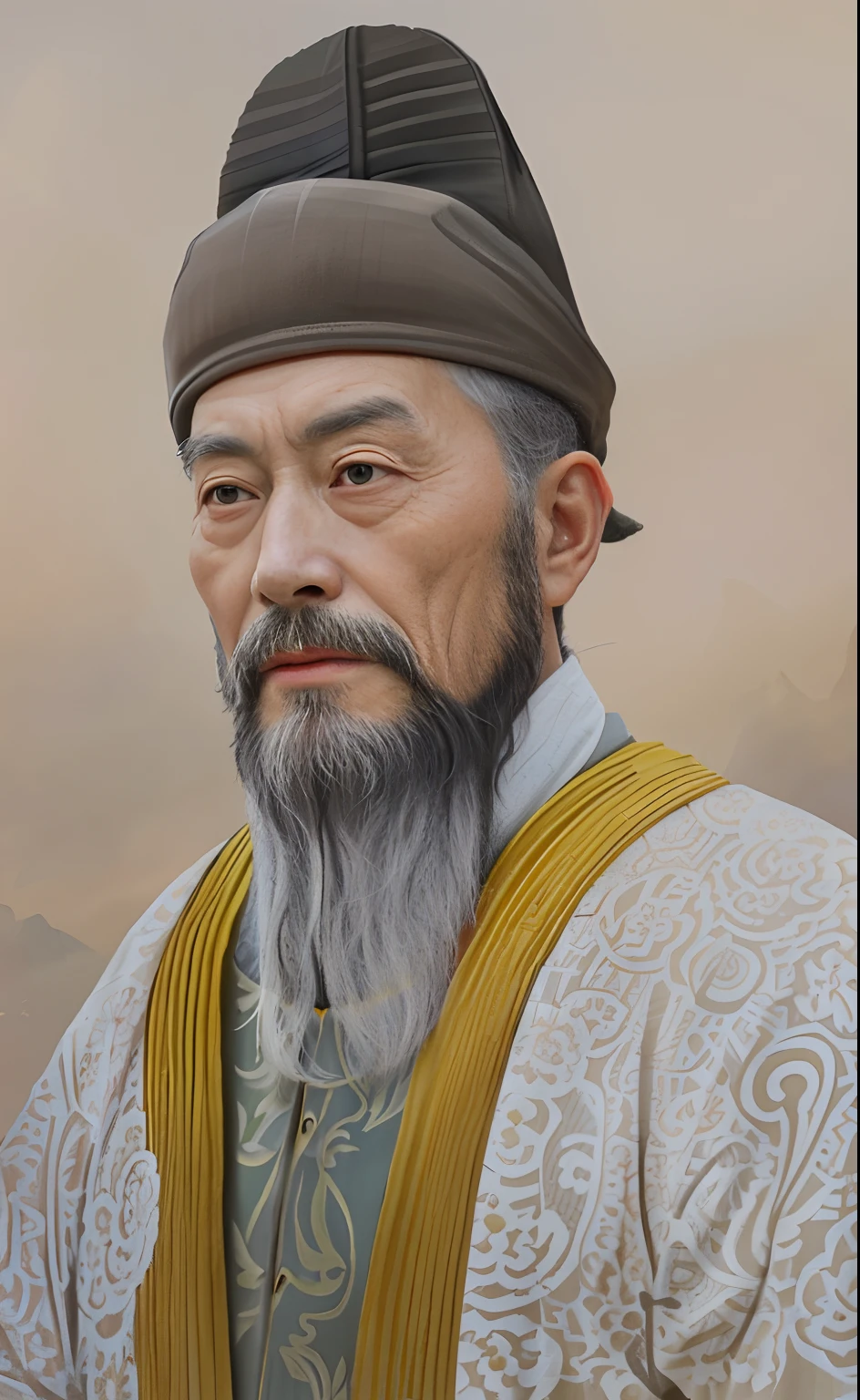 Draw an old man with a beard and a hat, inspired by Wu Bin, inspired by Dong Yuan, inspired by Wu Daozi, Inspired by Hu Zaobin, inspired by Xuande Emperor, inspired by Hu Zao, Inspired by Guo Xi, do hoang tuong artwork, Inspired by Cao Zhibai, Inspired by Seki Dosheng