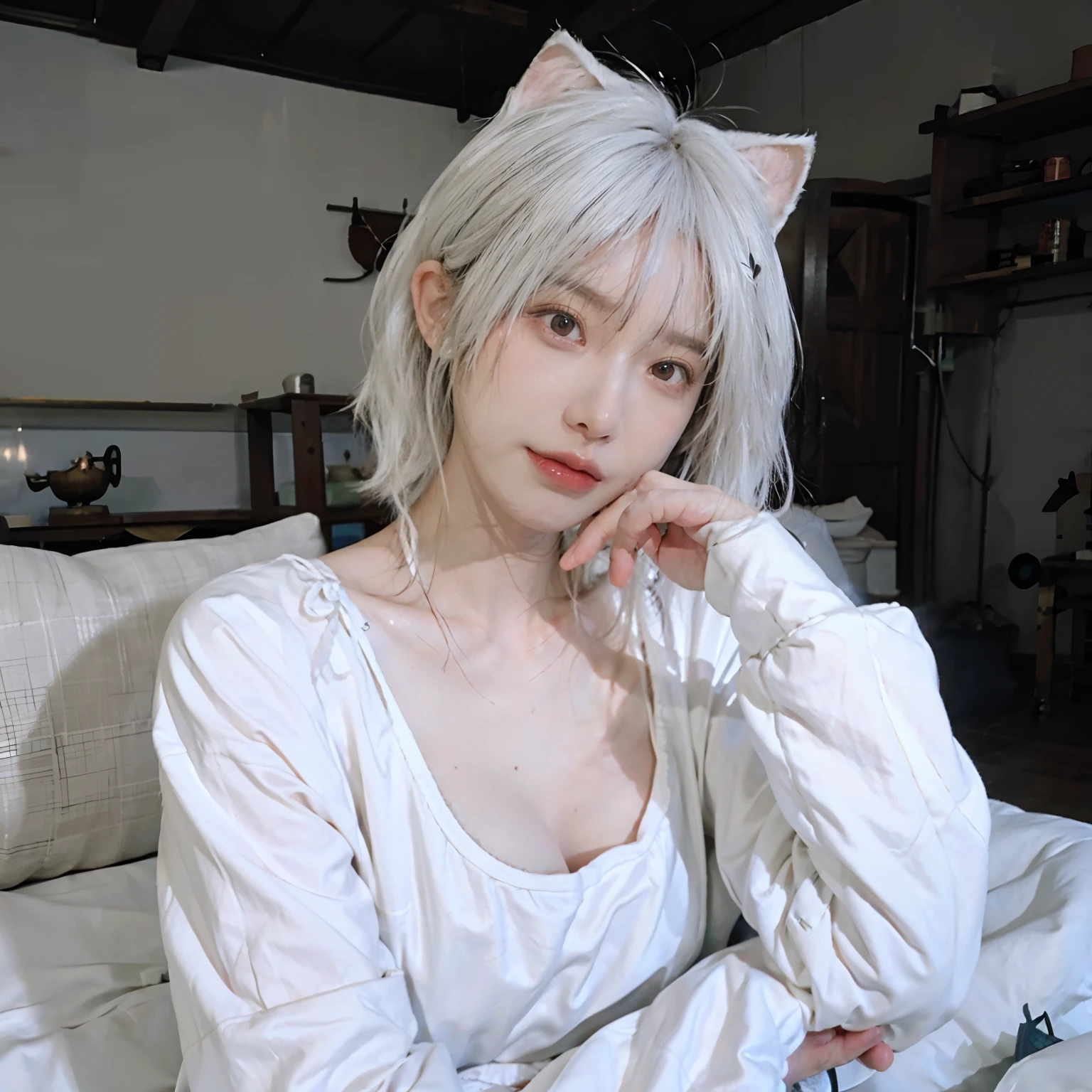 8K、(Sexy poses collection)、((in one's underwear only))、(((White hair color))) 、undersized head、Best Quality, masutepiece, 超A high resolution, (Realism: 1.4), Original photo, (True skin texture: 1.3), (Film grain: 1.3), Beautiful eyes and face details, masutepiece, Best Quality, Full body、bob cuts、18year old、White cat ears