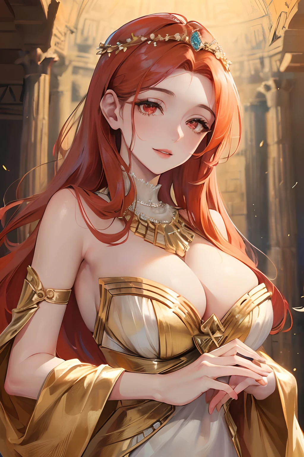 Official Art, master piece, sharp focus, (goddess, beautiful Greek woman, mature, perfect:1.3), (very beautiful:1.3) beauty, Delicate and beautiful hair, eyes and face, realistic, ultra detailed, beautiful girl, particle bright white, (side lighting:1.2), slender, lovely, modest busts(Above average), Massive:1.2) and modest hips(Above average), smiling, ((smile with eyes, open both eyes)) , Posing, Only, upper body, Mount Olympus, Greek pantheon, Backstory, Flames, singed, Long red hair (Orange tone), straight, Facial expression, embarrassed, motherly, modest, Happy, dynamic hair, red eyes (Fire color), bright, (dress, conservative, Long, without exposing too much skin, White, gold details), ((camel)), pale skin, hair ornament