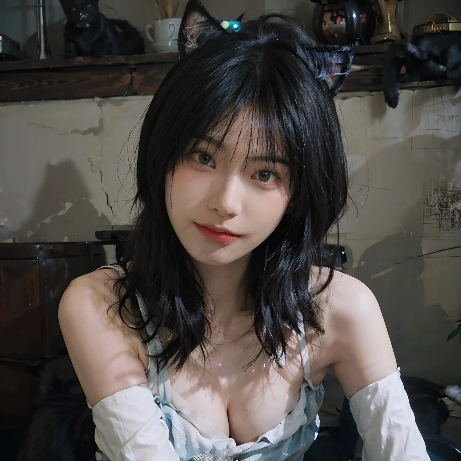 8K、(all-fours)、(((Black hair color))) 、undersized head、Best Quality, masutepiece, 超A high resolution, (Realism: 1.4), Realistic Photos, (True skin texture: 1.3), (Film grain: 1.3), Beautiful eyes and face details, masutepiece, Best Quality, Full body、bob cuts、18year old、(((Black cat ears grow)))