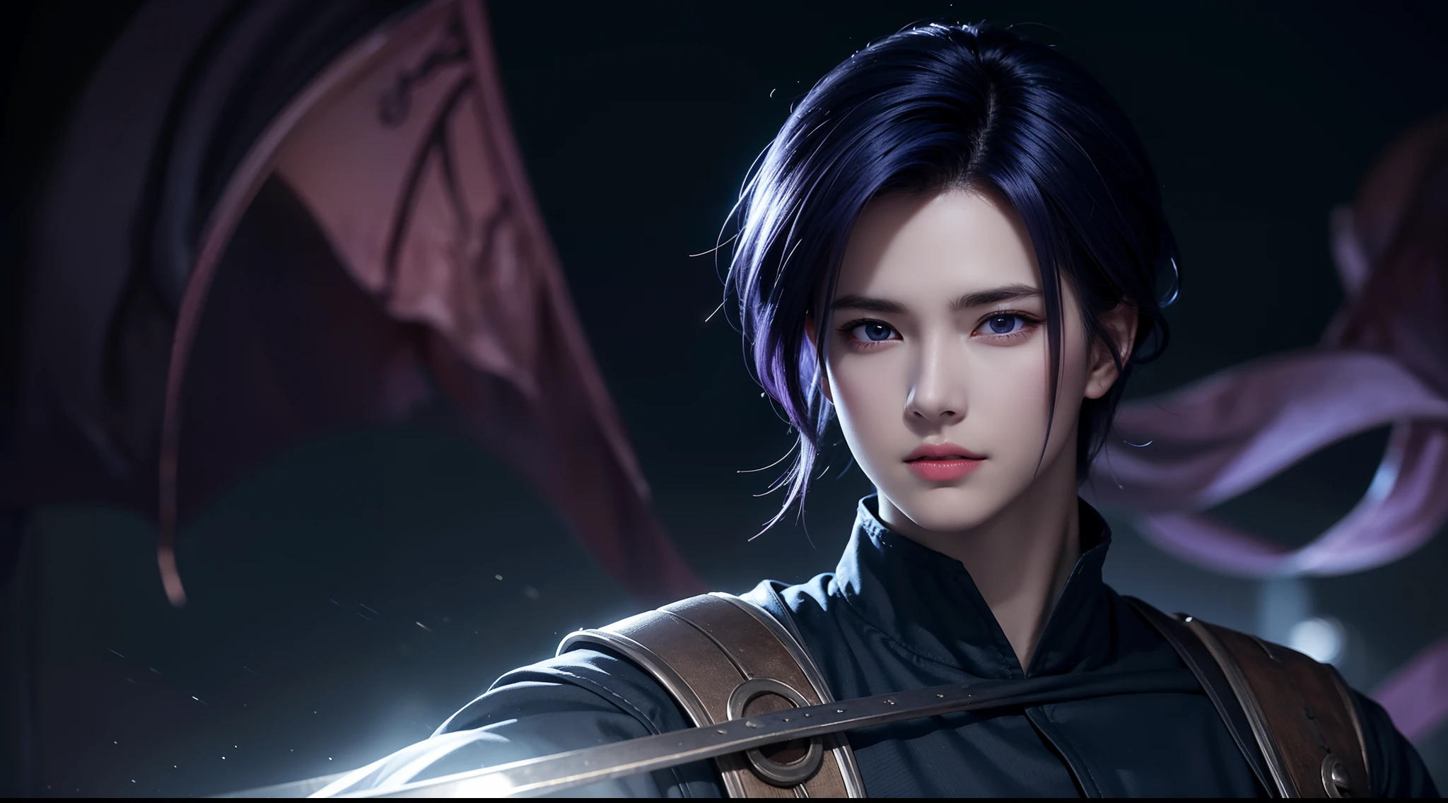 An 8k masterpiece, Highest resolution, Every detail, Meticulous details, Depth of field, bright colors, Nice layout: anime character Gohan impresses with his blue-purple hair and eyes that brightly illuminate every detail, standing on a dark and ominous background. This handsome demon slayer is the epitome of the bad guys in the fantasy art world.
