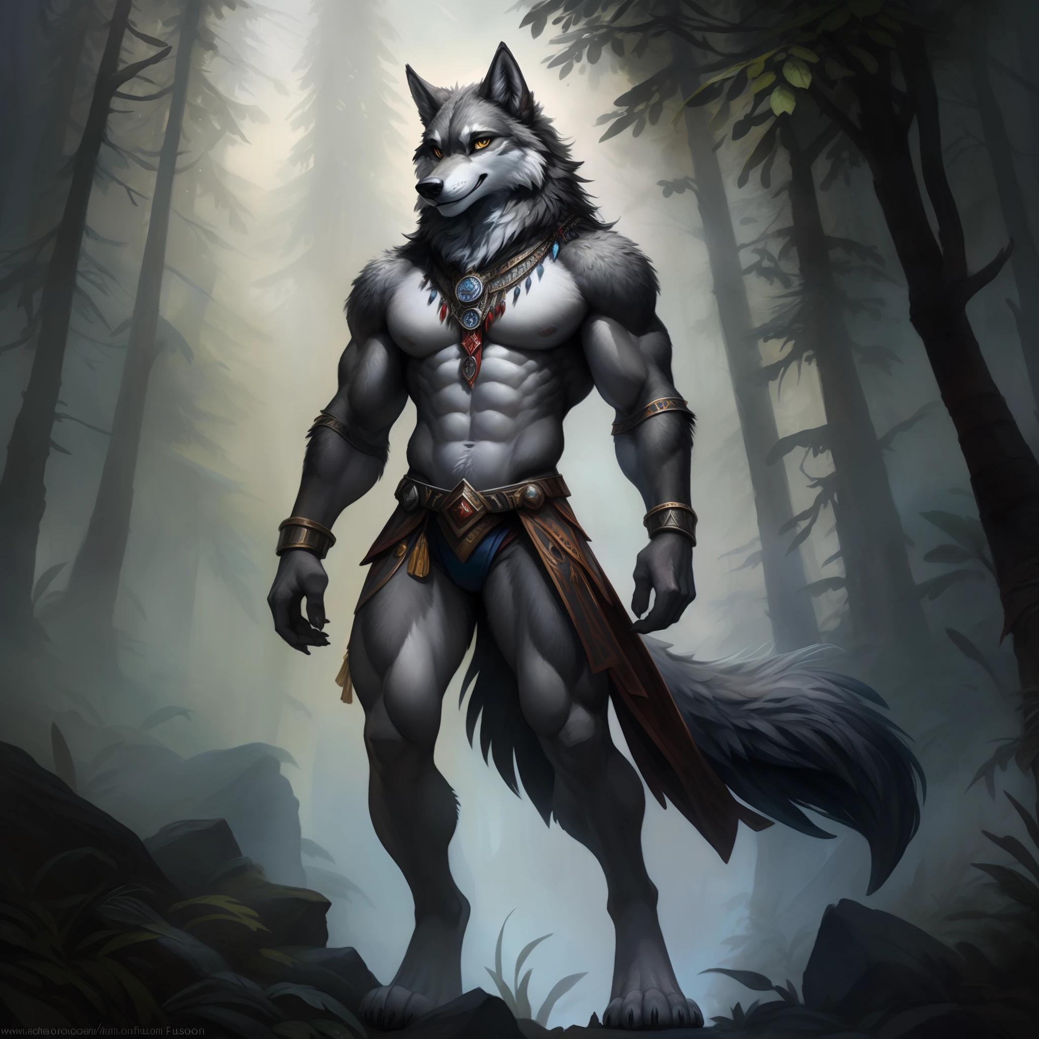 Disney, Blizzard Entertainment, DreamWorks, shaman wolf in the dark forest, twilight, (((male))), (((wolven head))), (((gray fur))), (((charismatic face))), (((very small head))), (((long legs))), (((one tail))), (((very big muscles))), (((large chest))), black, white, gray and dark blue colors, mesomorph, wide shoulders, slim waist, attractive athletic body, full of muscles, standing straight, straight pose, ritual accessories, druidic attributes, anthro art, very very beautiful furry art, sensual, soulful, commission for high res, fantasy wolf, fantasy art, intricate design, wolf hero, art of kenket zaush ross tran ruan jia bonifasko, fursona art, an anthro wolf shaman