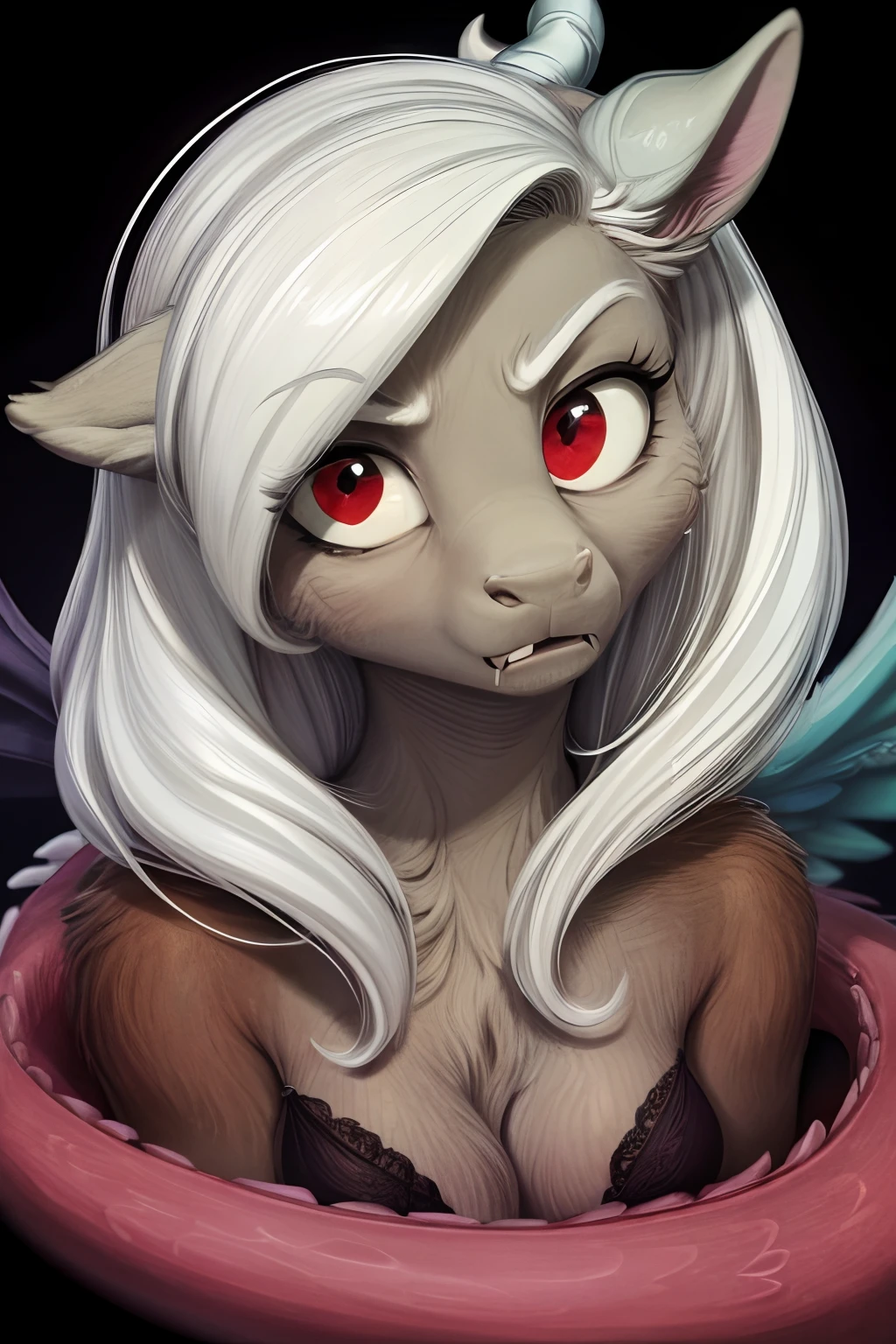 Discord, Disagreements from the outside “My little pony”, Dissonance in the image of a person, Long white hair, Detailed Female Body Eyes, closeup of face, face, smooth face, closeup, portrait, brawn, white background, wings, The wings are folded, dragon tail, (Masterpiece, Best Quality, High Resolution), (illustartion:1.0), a 1girl, The woman, Hairstyle of sexually mature women “tail”, small Breasts, looking at you, looking at camera, eyecontact, front facing, shocked expression, shocked, suprised, single fang