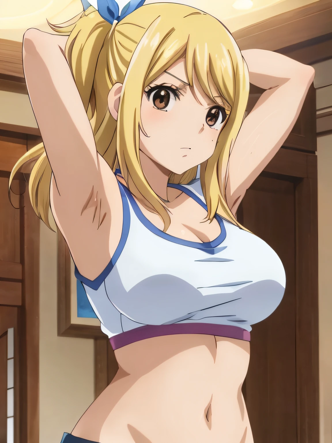 1girl, lucy heartfilia, solo, blonde hair, brown eyes, long hair, indoors, looking at viewer, anime coloring, parody, side ponytail, upper body, hair ribbon, barriga, belly, breasts, armpits