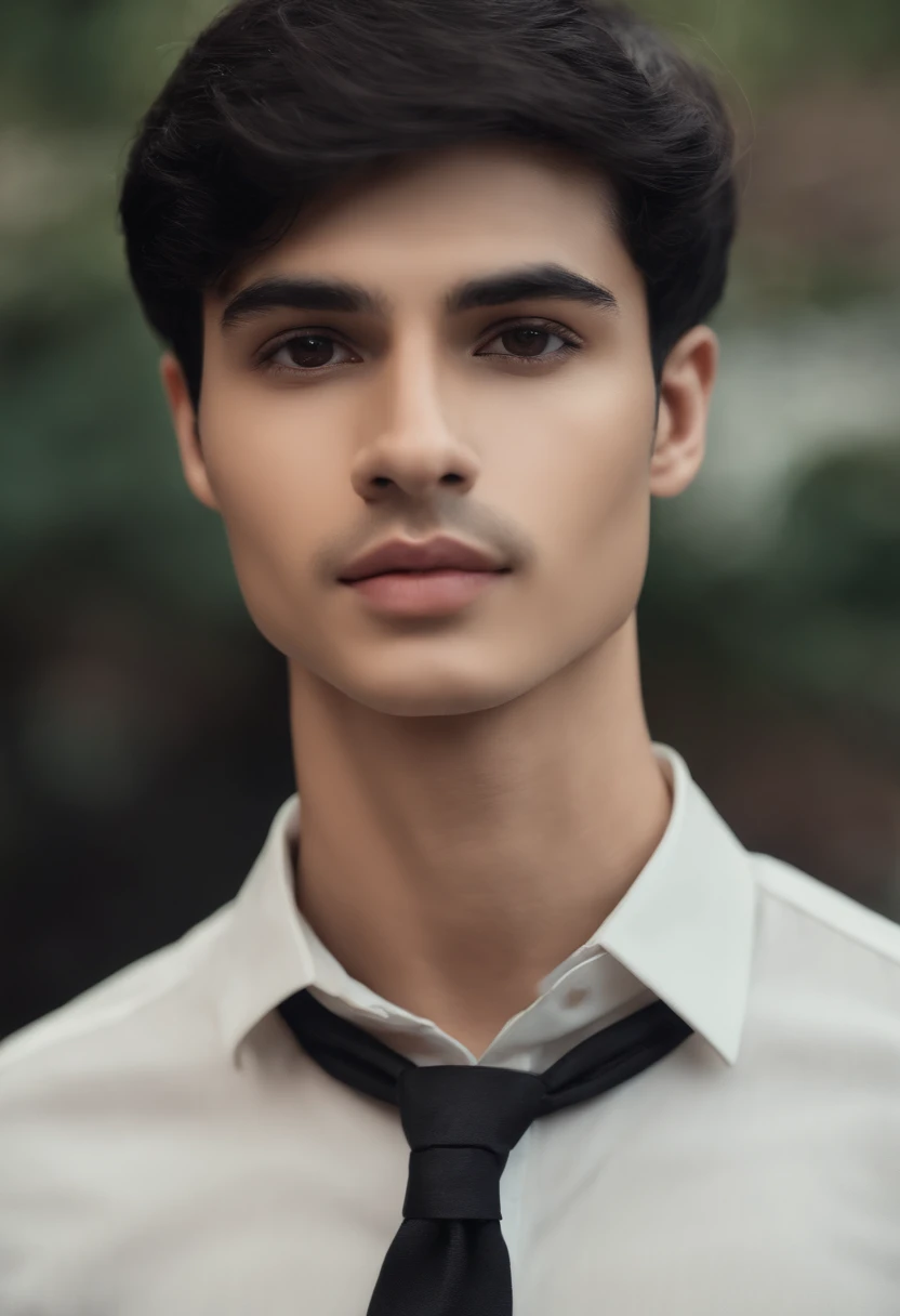 30 year old boy, slim, short stature, small body, medium athletic body, short black hair, black eyes, double eyelids, oval face, narrow chin, short neck, Arab boy, Latin boy, dark skin, heavy lower lips, eyes almond-shaped, average eye angle, wide and short nose, slightly turned-up nose, little volume cheeks, perfect straight eyebrows, small eyebrows, enigmatic look, small beard, smooth dark long-sleeved shirt, black bow tie, long black pants, transparent bottom,
