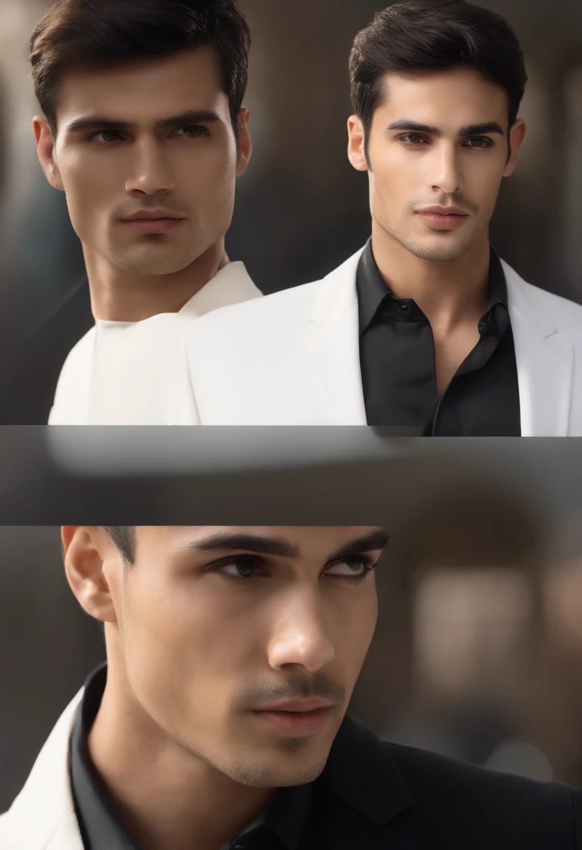 30 year old boy, slim, short stature, small body, medium athletic body, short black hair, black eyes, double eyelids, oval face, narrow chin, short neck, Arab boy, Latin boy, dark skin, heavy lower lips, eyes almond-shaped, average eye angle, wide and short nose, slightly turned-up nose, little volume cheeks, perfect straight eyebrows, small eyebrows, enigmatic look, small beard, smooth dark long-sleeved shirt, black bow tie, long black pants, transparent bottom,