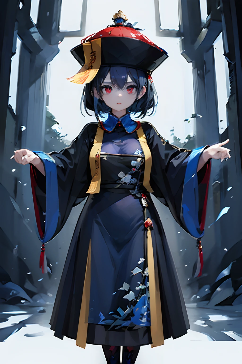 Jiangshi, girl, blue hair, blue skin, fulu on her head, chinese paper in head,  in a forest, Blue souls in the air, 4k, standing, 4k, arms outstretched forward, zombie position