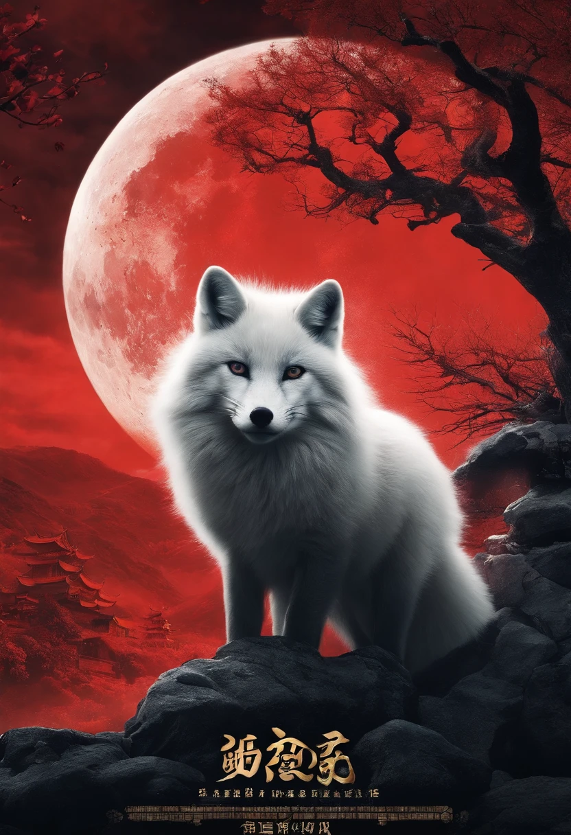 Chinese movie poster,red tint,A huge moon illuminates the entire village,The village is full of snowflakes,A white fox demon with 9 tails spits out a night pearl,Towards the moon,In the lower right corner, There was a house where there were several faces peeking at the house